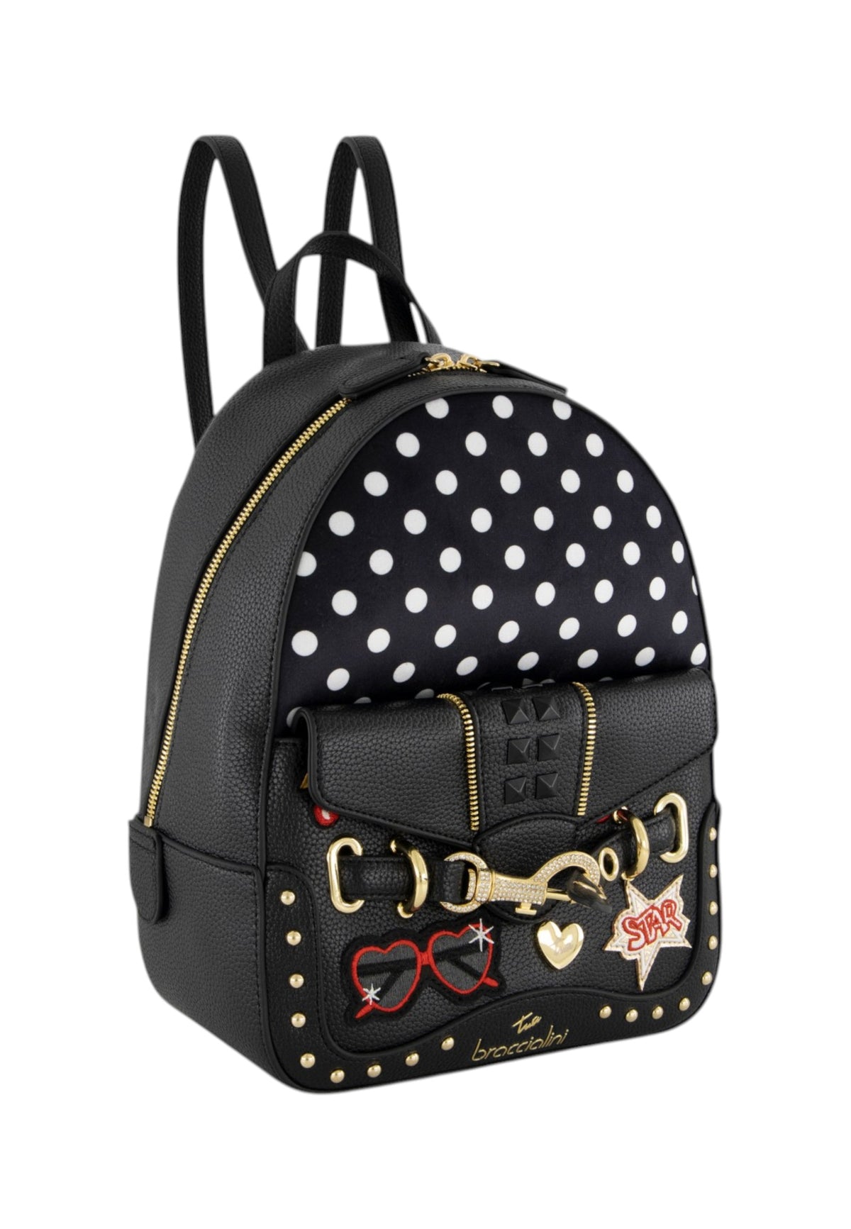 Zaino  Donna Braccialini Zaino compatto, Singolo con tracolle regolabili, Chiusura con zip, Due tasche interne, una con zip e una aperta, Borchie, patch e dettagli in cristallo, Dimensioni: 23 x 12 x 30 Cm Rock B19274YY