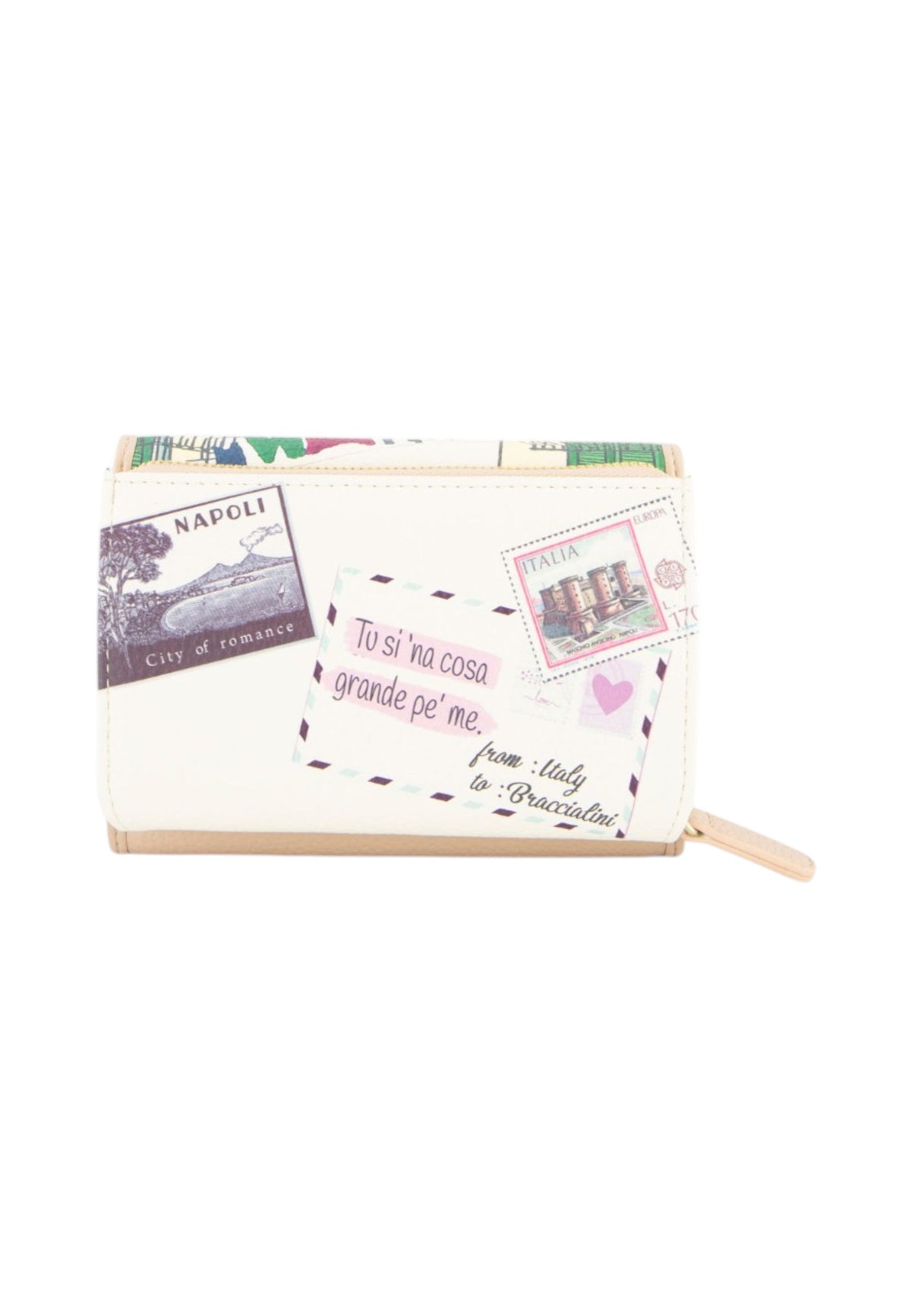 Portafoglio Con Zip Donna Braccialini Piccolo, Chiusura con zip, Stampa Cartoline dedicata a Napoli, Dimensioni: 14 x 3.5 x 10 Cm Cartoline Napoli B19171CA
