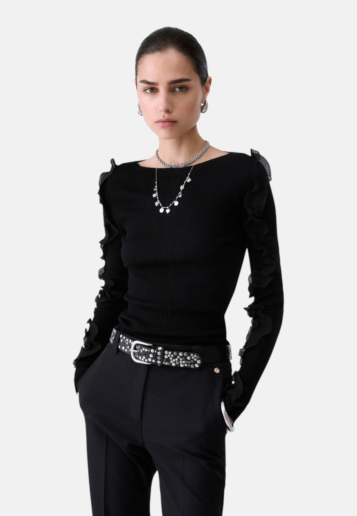 Maglia A Girocollo Donna Liu Jo A Costine Con Volant Sulle Maniche  CF6042MA82O