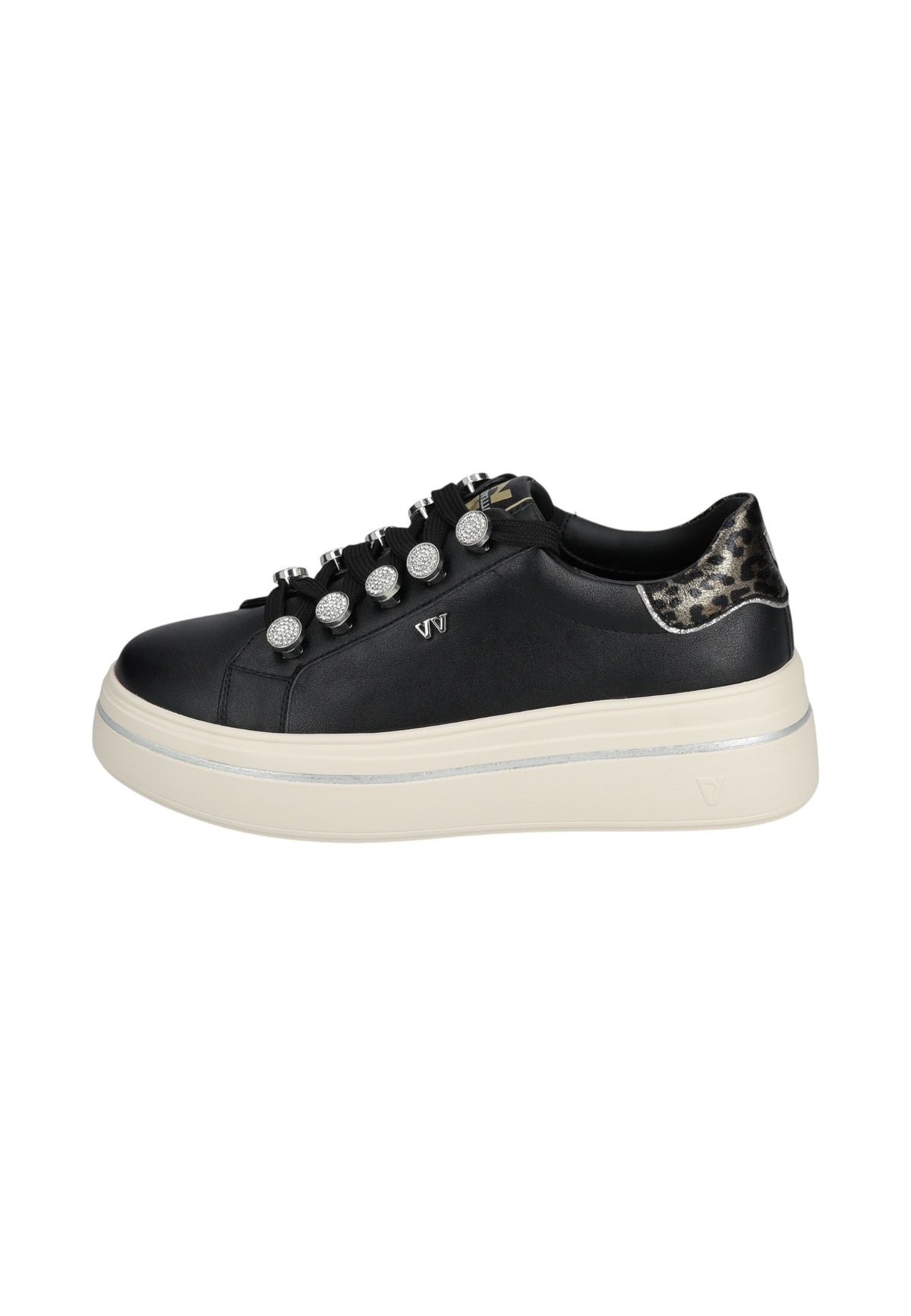 Sneakers Basse Donna Valleverde chiusura con lacci, applicazioni perlate, inserto animalier sul tallone, suola a contrasto  V35453A