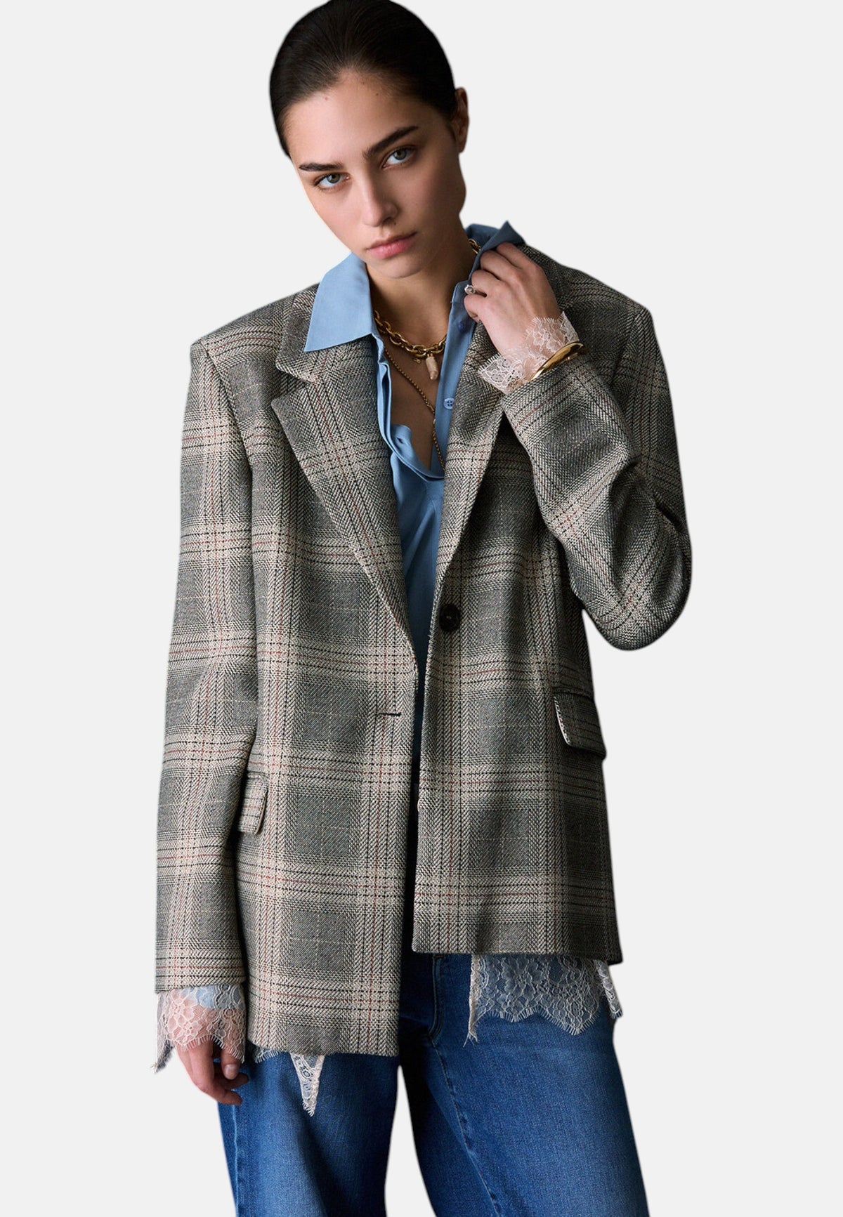 Giacca Blazer Donna Liu Jo Monopetto A Quadri Con Bordo Pizzo  CF6057T859A
