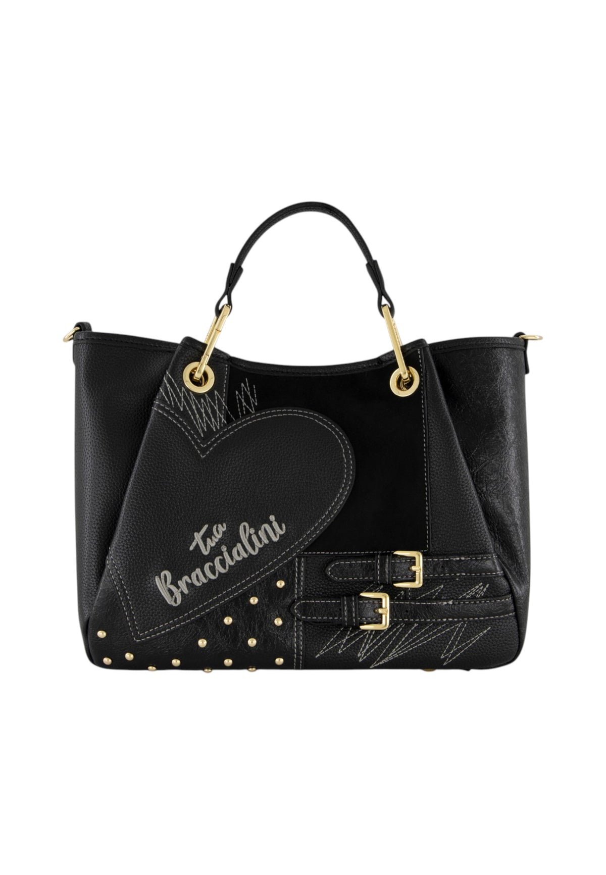 Borsa A Mano Donna Braccialini A Bauletto, Doppio con tracolla removibile e regolabile, Chiusura con clip, Con pochette interna removibile, Patchwork con maxi cuore e micro borchie, Dimensioni: 31 x 13 x 23 Cm Amy Patchwork B19201YY