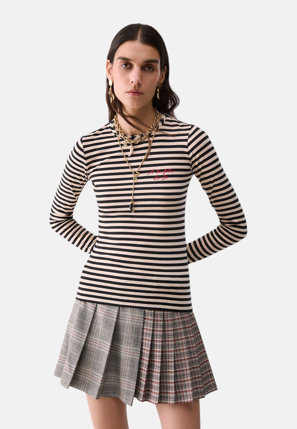T-Shirt Manica lunga Donna Liu Jo A Righe Con Ricamo  WF6440J3988