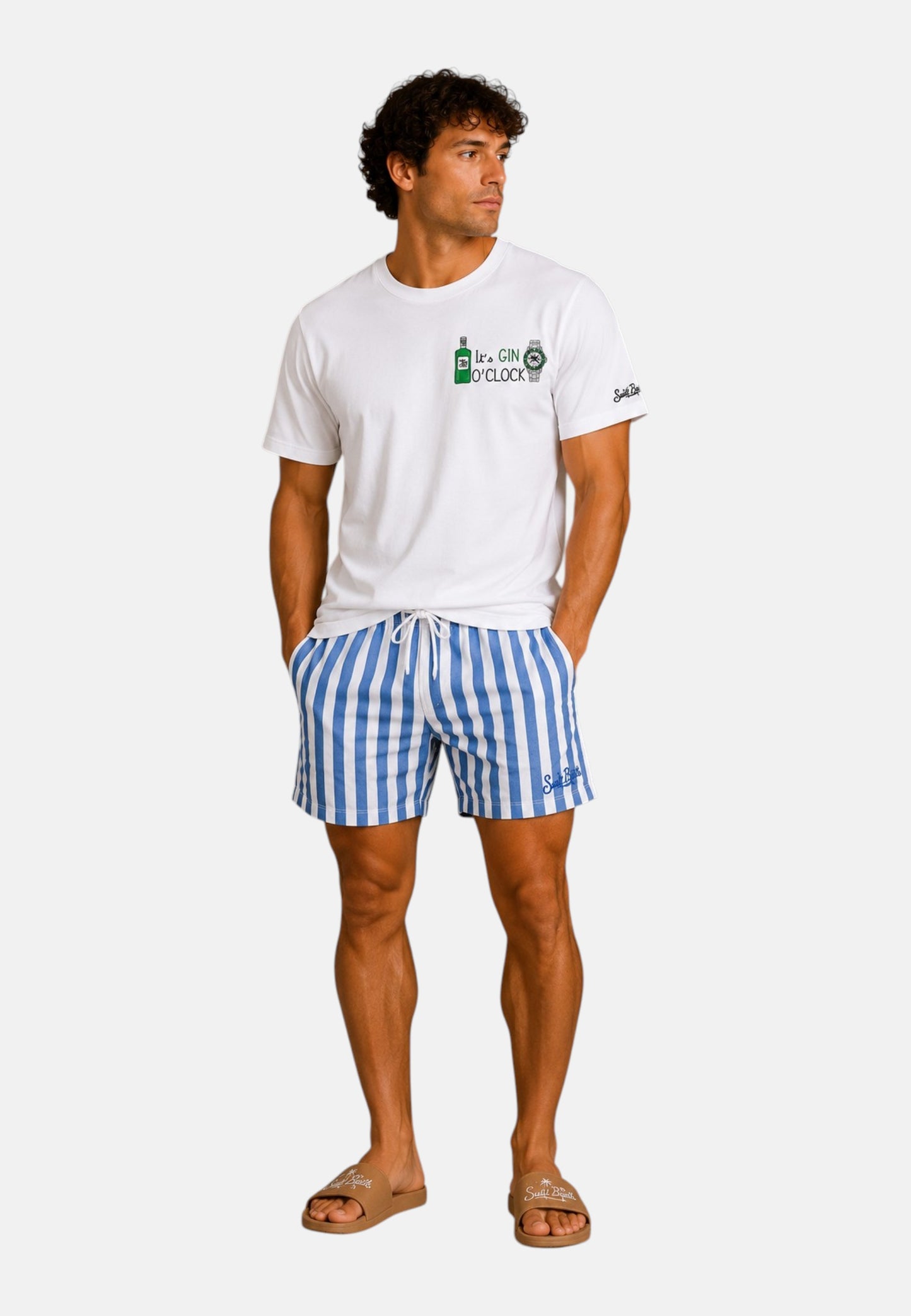 T-Shirt Manica Corta Uomo Mc2 Saint Barth Stampa E/O Ricamo Frontale Gin Clock Portofino POT0001