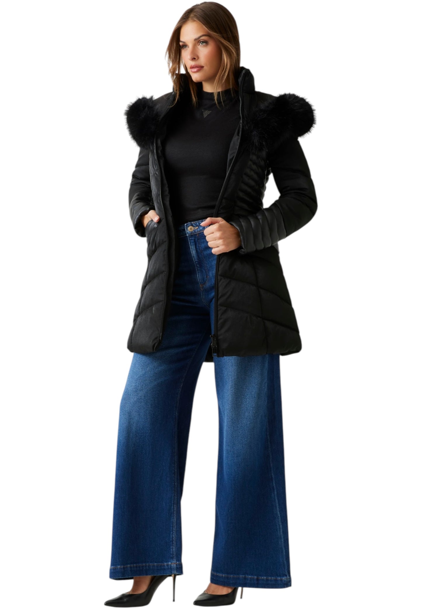 Piumino Lungo Donna Guess Con Cappuccio In Eco Pelliccia New Oxana W4BL61WGLZ0