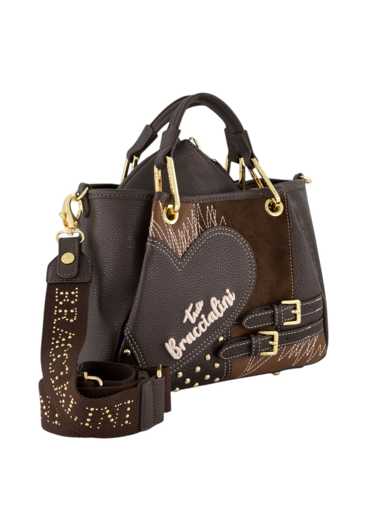 Borsa A Mano Donna Braccialini A Bauletto, Doppio con tracolla removibile e regolabile, Chiusura con zip, Patchwork con maxi cuore e micro borchie, Dimensioni: 25 x 10.5 x 18 Cm Amy Patchwork B19200YY