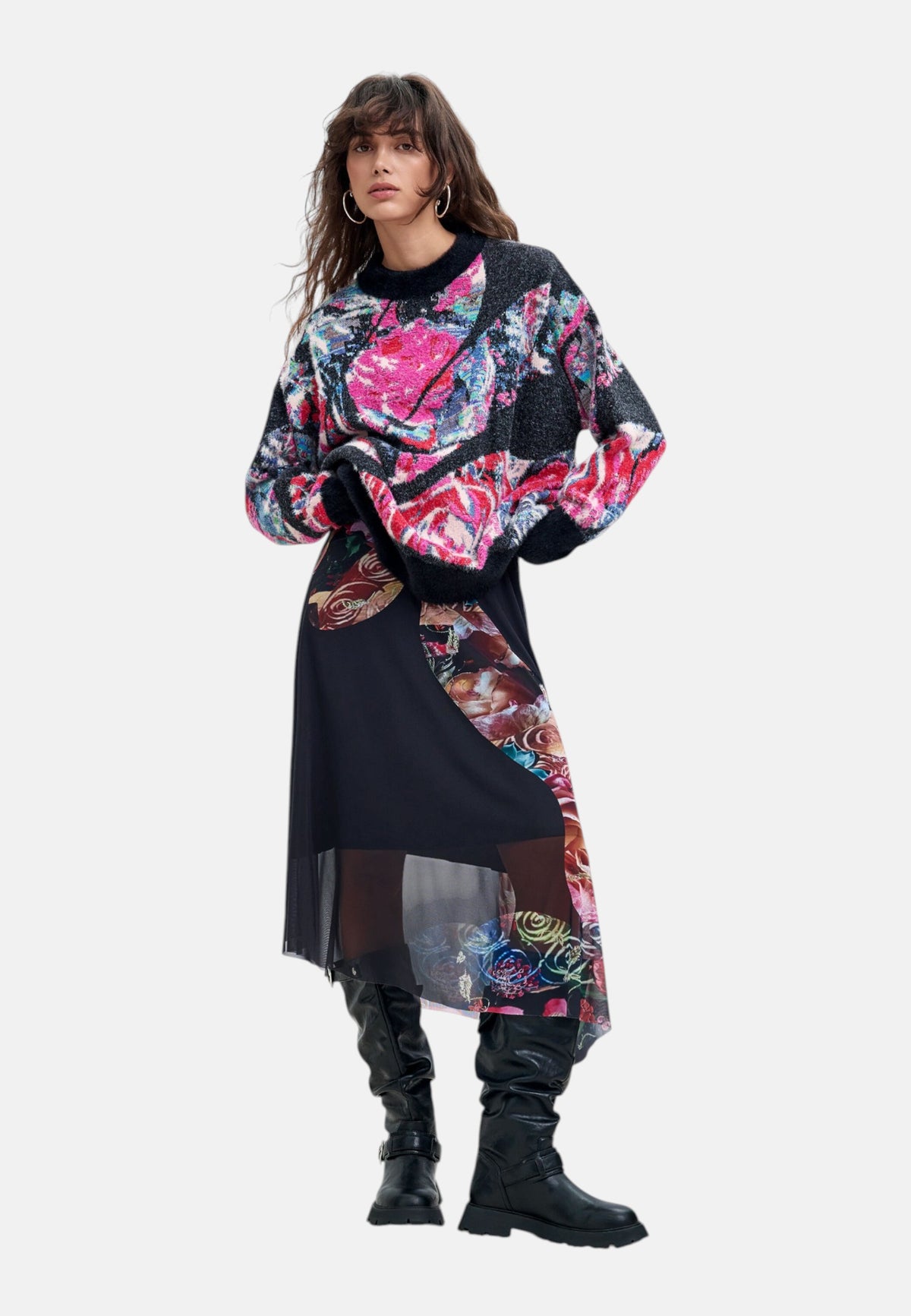 Maglione A Girocollo Donna Desigual Collaborazione M. C. Lacroix, Motivo floreale, Fit oversize, Maglia grossa, Poliestere riciclato Jardim 26WWJF05
