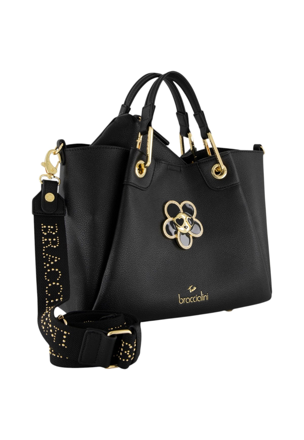 Borsa A Mano Donna Braccialini A Bauletto, Doppio con tracolla removibile e regolabile, Chiusura con clip, Con pochette interna removibile, Charm gioiello a forma di margherita, Dimensioni: 31 x 13 x 23 Cm Amy Bijoux B19211YY