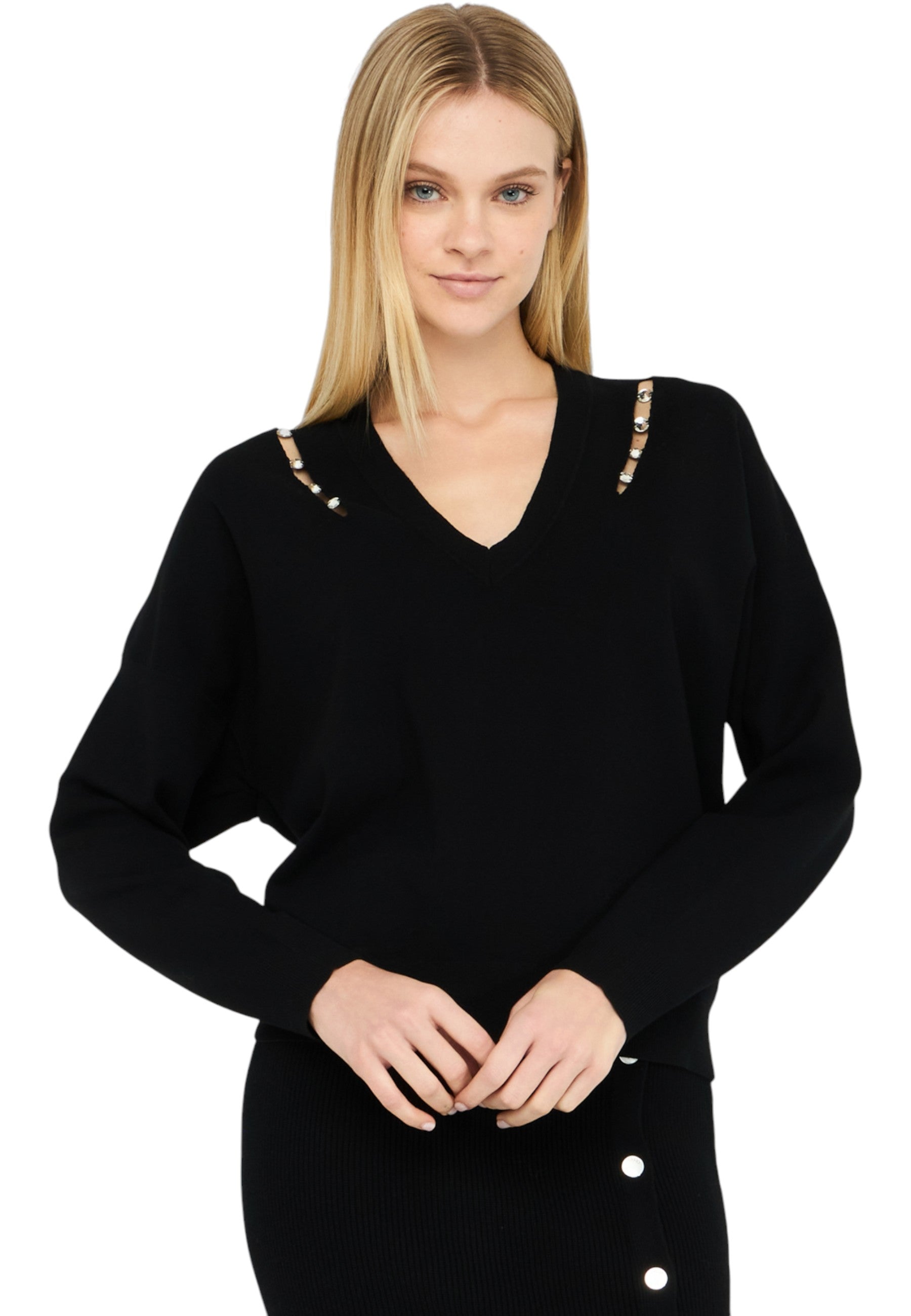 Maglia Scollo A V Donna Liu Jo Con Castoni Gioiello  MF5037MS99E