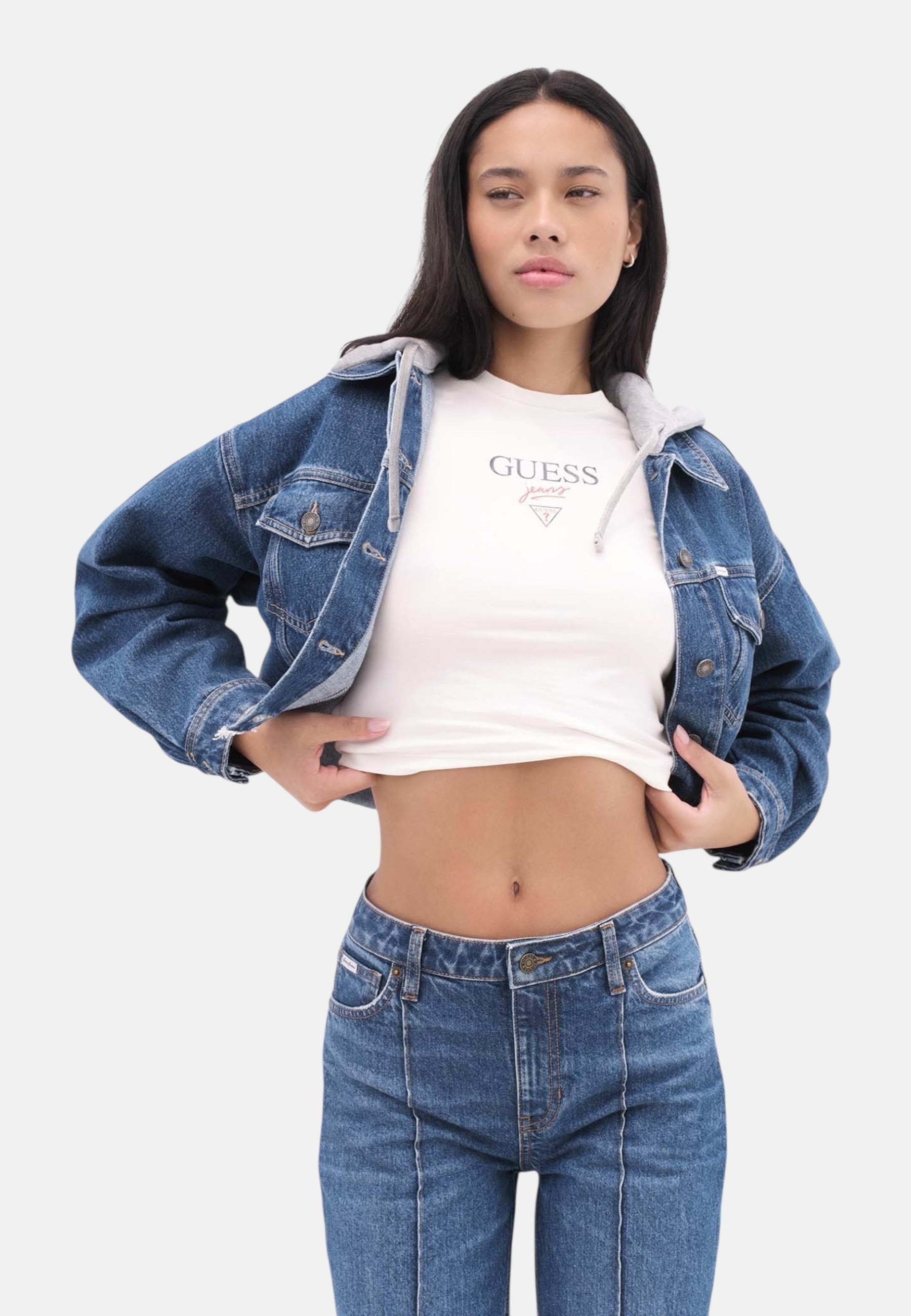Giacca Jeans Donna Guess Con Cappuccio Gj Cropped Trucker W6RN11D5R2C