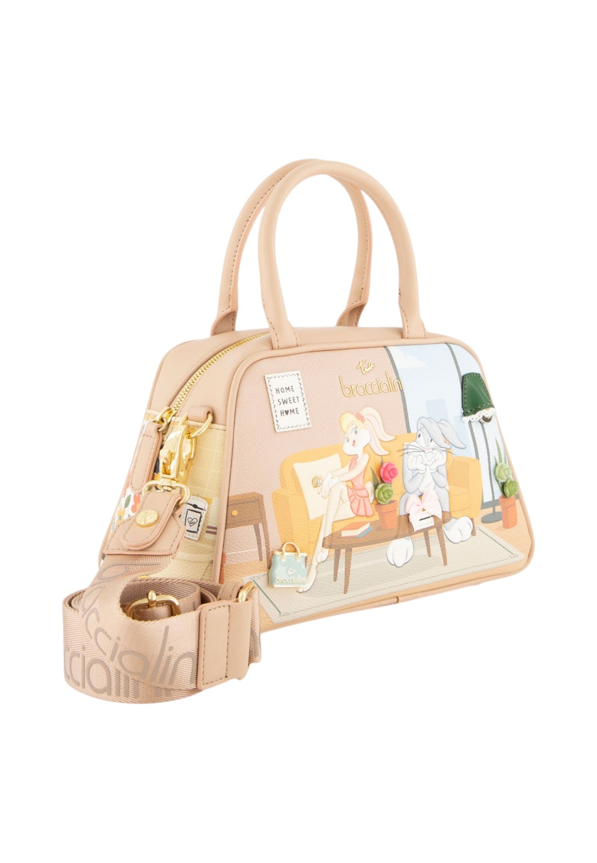 Borsa A Mano Donna Braccialini A Bauletto, Doppio con tracolla removibile e regolabile, Chiusura con zip, Due tasche interne, una con zip e una aperta, Stampa illustrata Looney Tunes, Dimensioni: 24 x 13 x 16 Cm Allround LT LT290YY