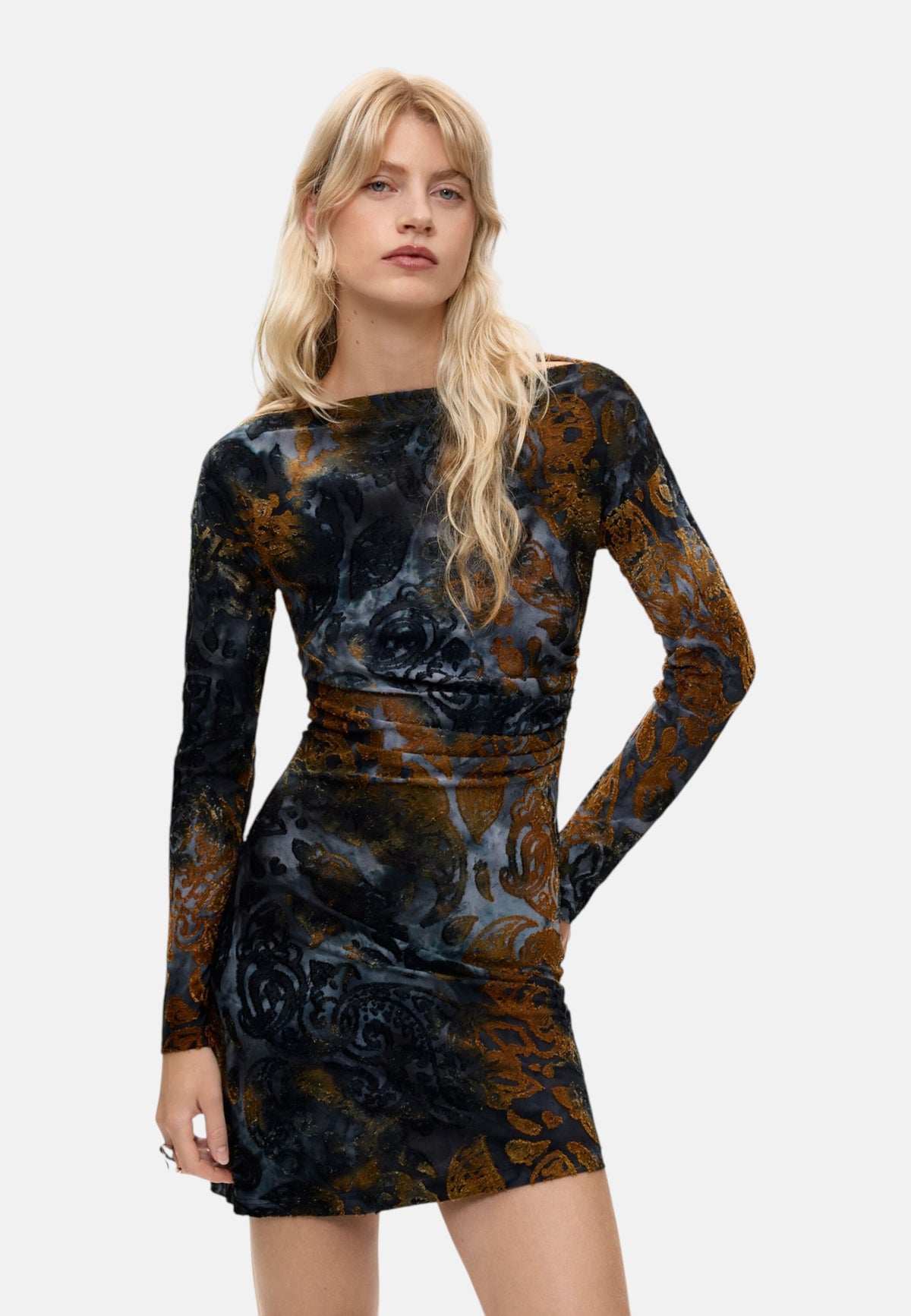 Vestito Corto Donna Desigual Floccato, Motivo astratto, Fit regular, Manica lunga, Scollo a barca Dubl�n 26WWVK18