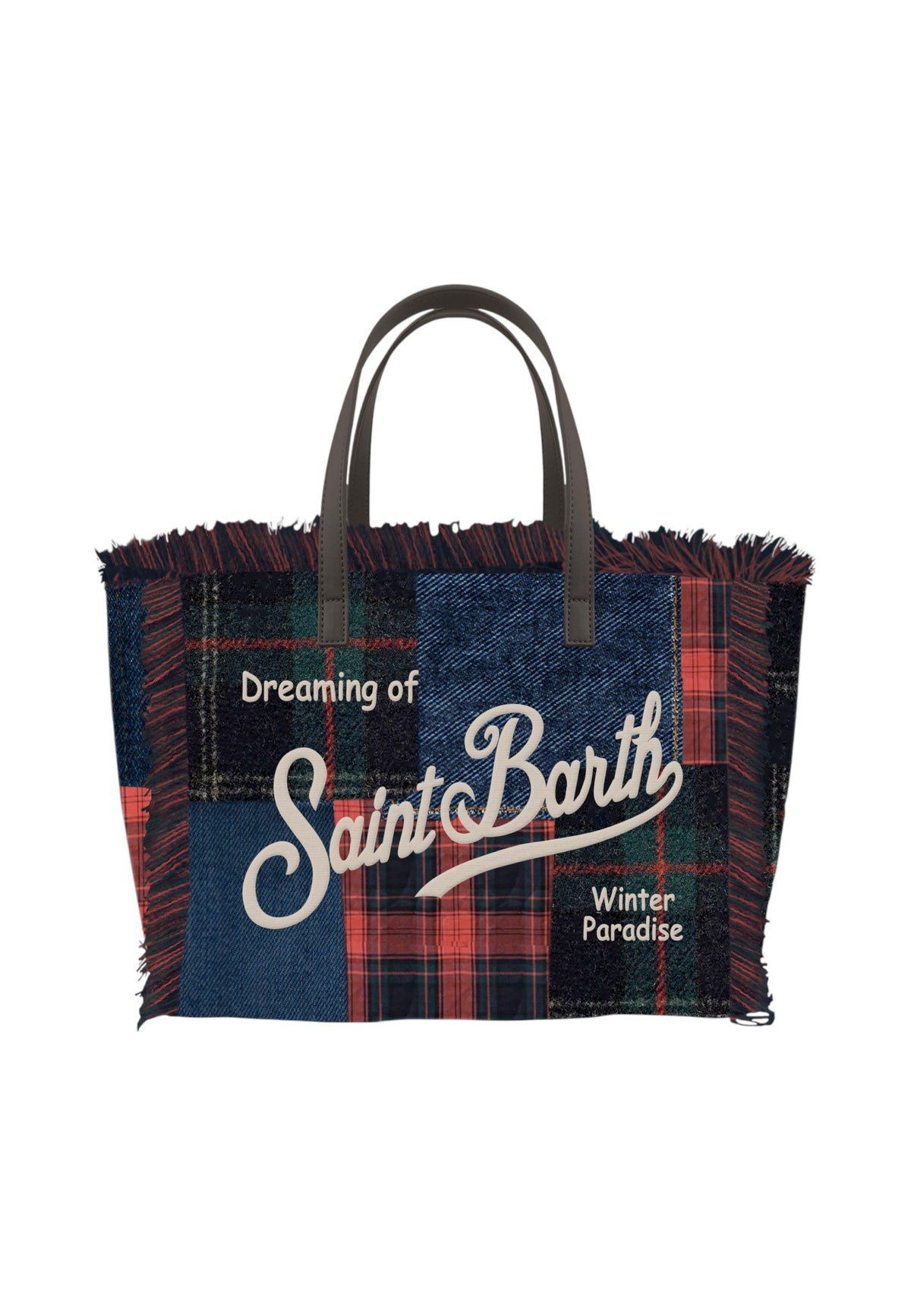 Borsa A Spalla Donna Mc2 Saint Barth Logo Sul Davanti, Doppi Manici, Bordo Sfrangiato, Il Patchwork Di Denim E Tartan Vanity Wool N VANI048-PATCHWORK-DENIM-TARTAN-EMB
