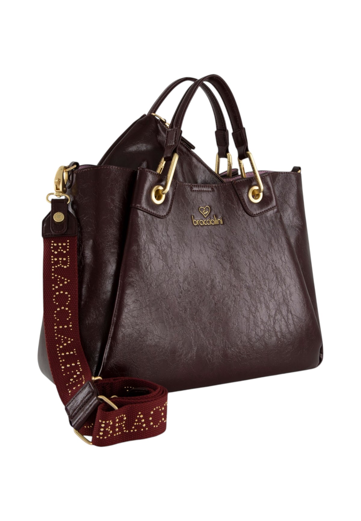 Borsa A Mano Donna Braccialini A Bauletto, Doppio con tracolla removibile e regolabile, Chiusura con clip, Con pochette interna removibile, Finitura lucida effetto spiegazzato, Dimensioni: 36 x 17 x 29 Cm Amy B19192YY