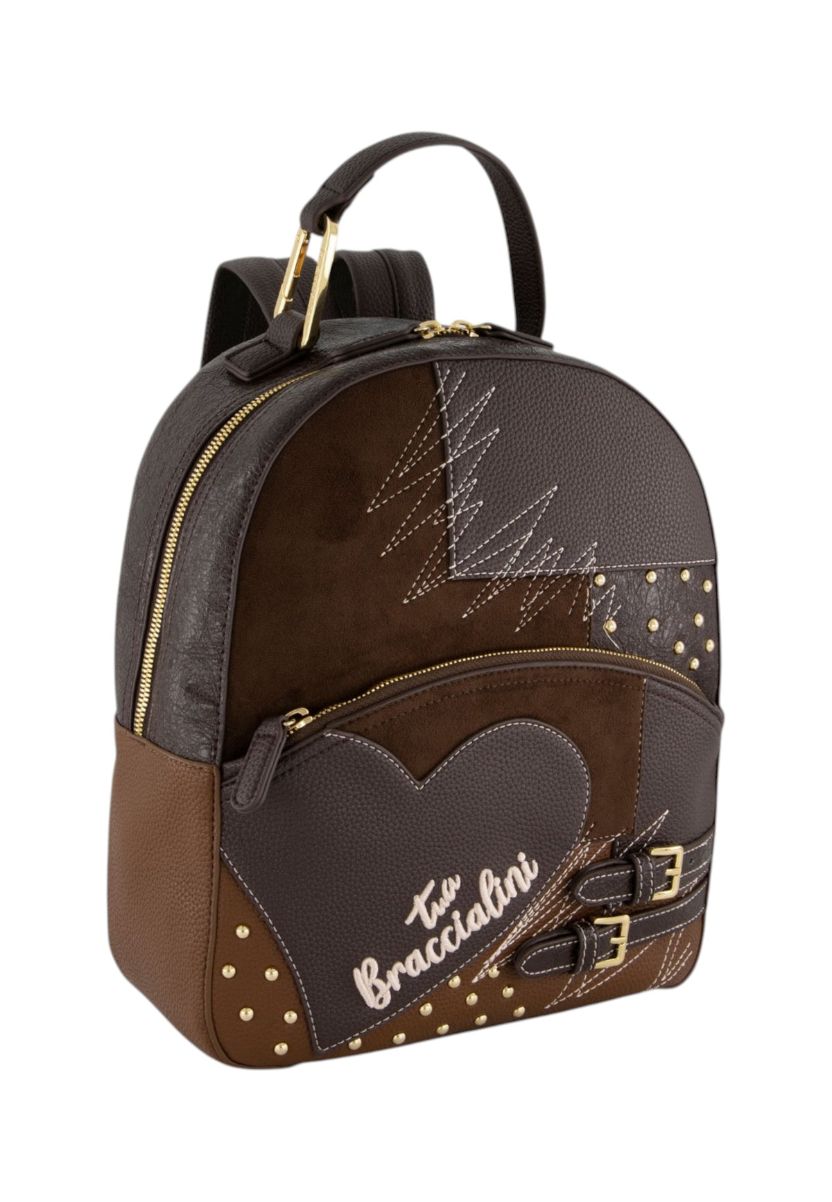 Zaino  Donna Braccialini Zaino compatto, Singolo con tracolle regolabili, Chiusura con zip, Due tasche interne, una con zip e una aperta, Patchwork con maxi cuore e micro borchie, Dimensioni: 27 x 11 x 31 Cm Amy Patchwork B19203YY