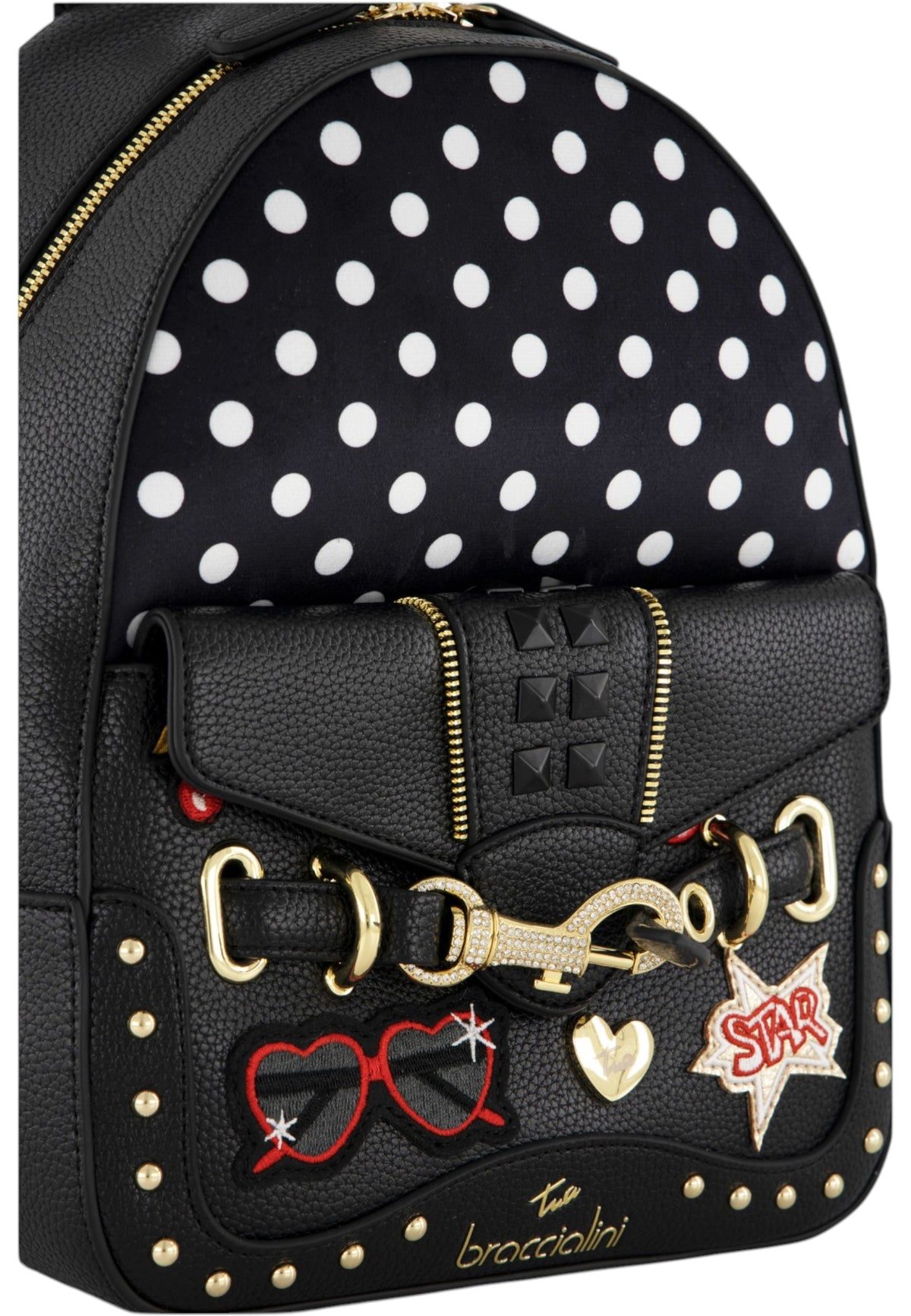 Zaino  Donna Braccialini Zaino compatto, Singolo con tracolle regolabili, Chiusura con zip, Due tasche interne, una con zip e una aperta, Borchie, patch e dettagli in cristallo, Dimensioni: 23 x 12 x 30 Cm Rock B19274YY