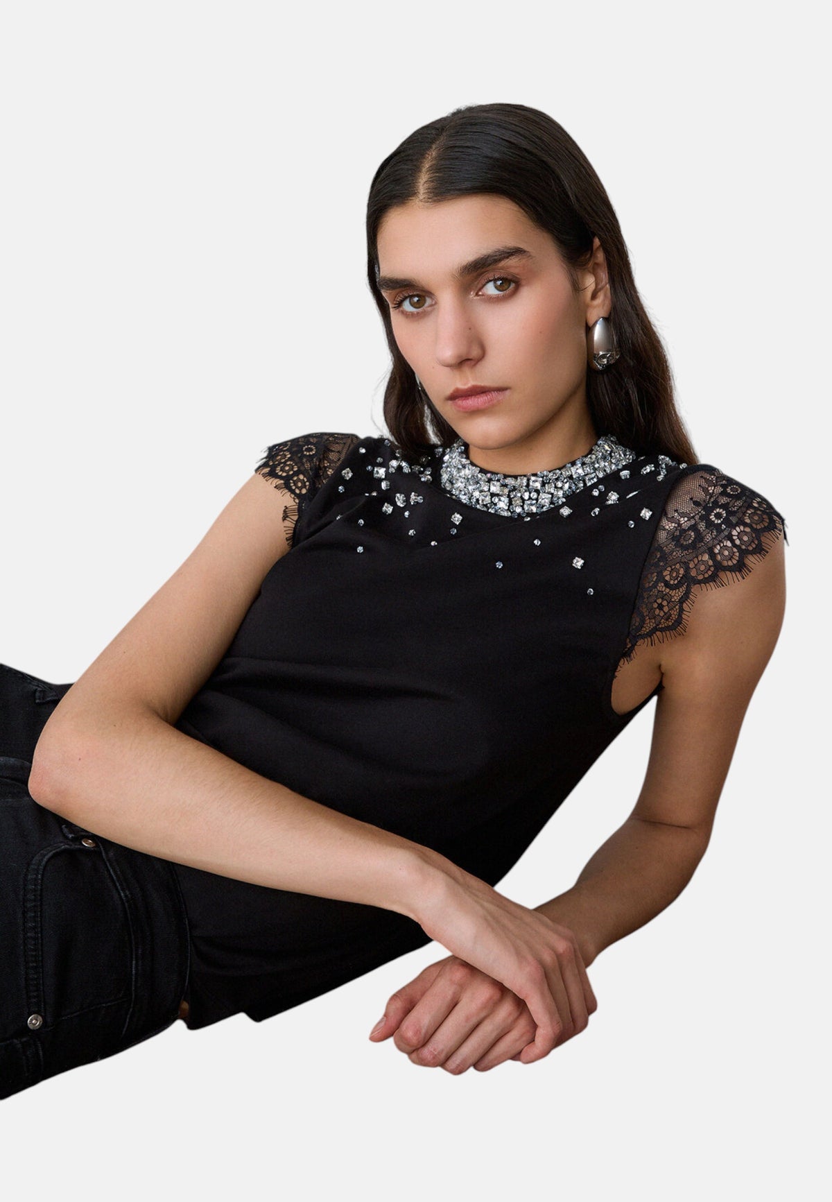 T-Shirt Senza Maniche Donna Liu Jo Con Pizzo E Strass  CF6142J5923