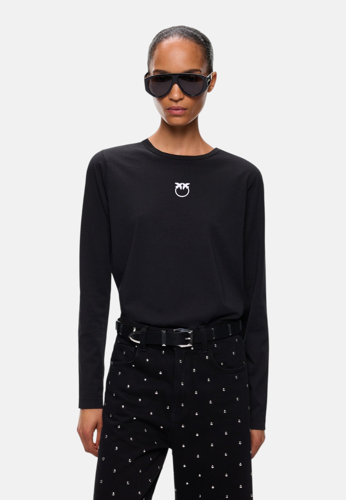 T-Shirt Manica lunga Donna Pinko Girocollo, maniche lunghe, vestibilit� regular, jersey di puro cotone, logo Love Birds floccato dall�effetto vellutato sul petto Toblino 107292A3HP