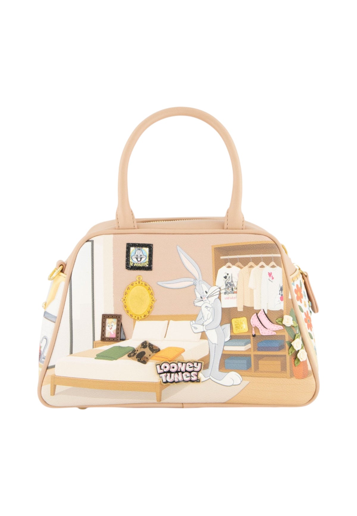 Borsa A Mano Donna Braccialini A Bauletto, Doppio con tracolla removibile e regolabile, Chiusura con zip, Due tasche interne, una con zip e una aperta, Stampa illustrata Looney Tunes, Dimensioni: 24 x 13 x 16 Cm Allround LT LT290YY