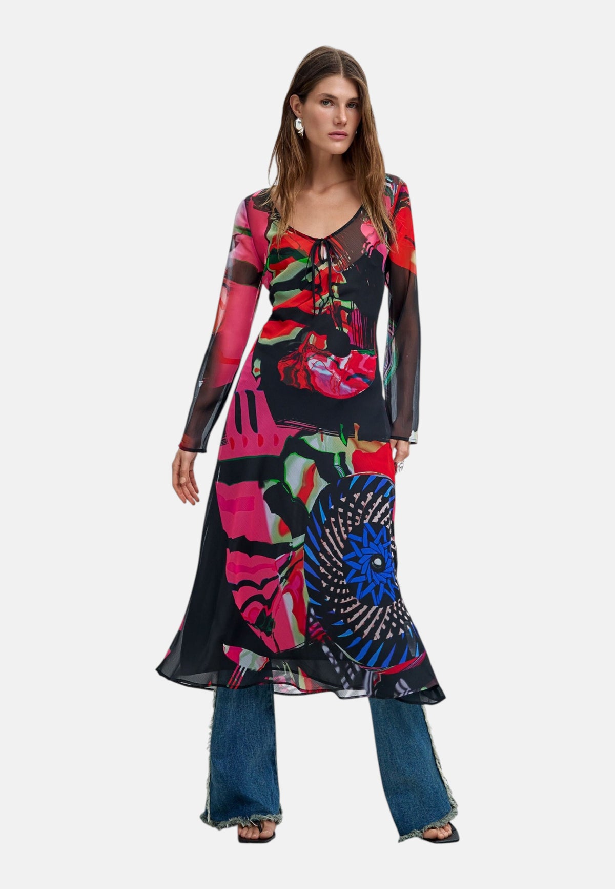 Vestito Midi Donna Desigual Collaborazione M. C. Lacroix, Motivo grafico, Fit regular, Manica lunga, Scollo a V, Poliestere riciclato Galaxia Ml 26WWVW28