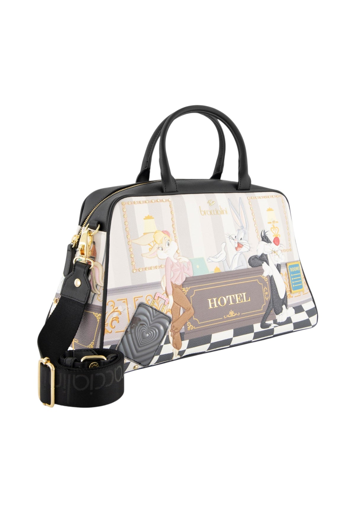 Borsa A Mano Donna Braccialini A Bauletto, Doppio con tracolla removibile e regolabile, Chiusura con zip, Due tasche interne, una con zip e una aperta, Stampa illustrata Looney Tunes, Dimensioni: 36.5 x 15 x 22 Cm Allround LT LT291YY
