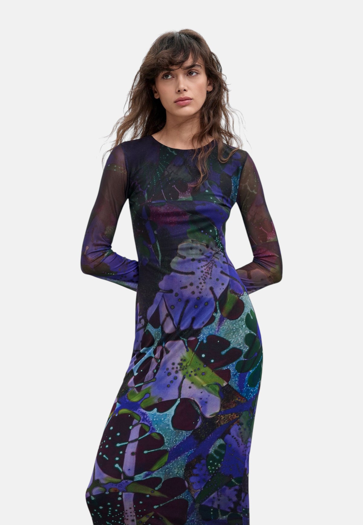 Vestito Lungo Donna Desigual Collaborazione M. C. Lacroix, Motivo a foglie, Fit regular, In tulle, Manica lunga, Viscosa Lenzing EcoVero, Poliestere riciclato Leafs 26WWVK01