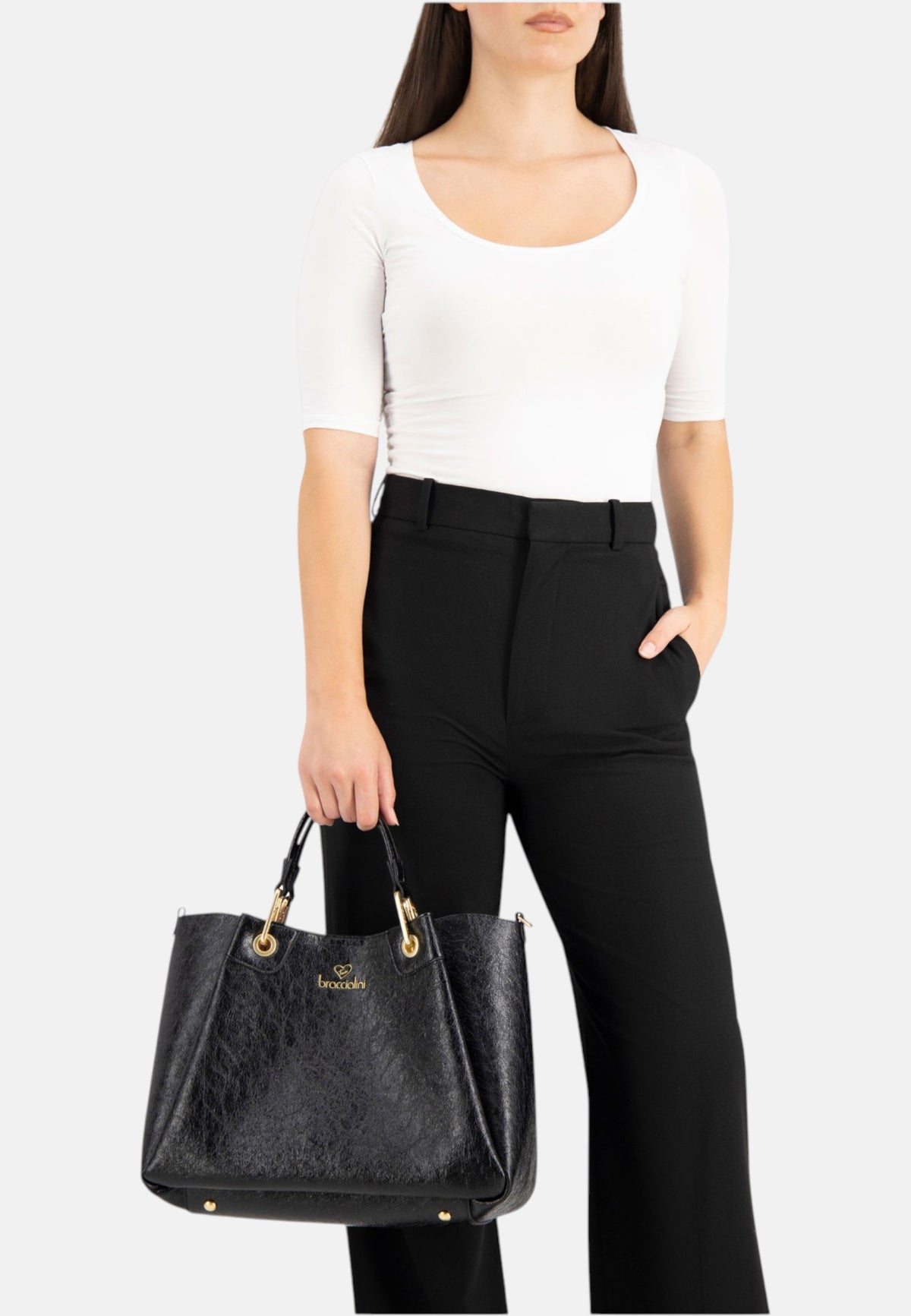 Borsa A Mano Donna Braccialini A Bauletto, Doppio con tracolla removibile e regolabile, Chiusura con clip, Con pochette interna removibile, Finitura lucida effetto spiegazzato, Dimensioni: 36 x 17 x 29 Cm Amy B19192YY