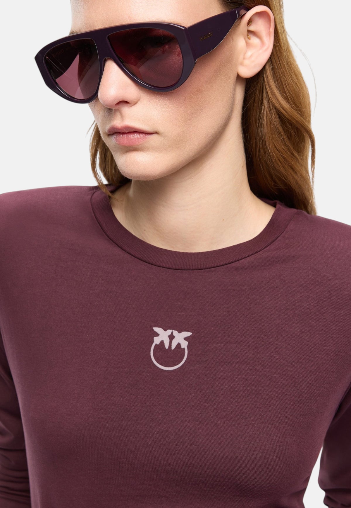 T-Shirt Manica lunga Donna Pinko Girocollo, maniche lunghe, vestibilit� regular, jersey di puro cotone, logo Love Birds floccato dall�effetto vellutato sul petto Toblino 107292A3HP