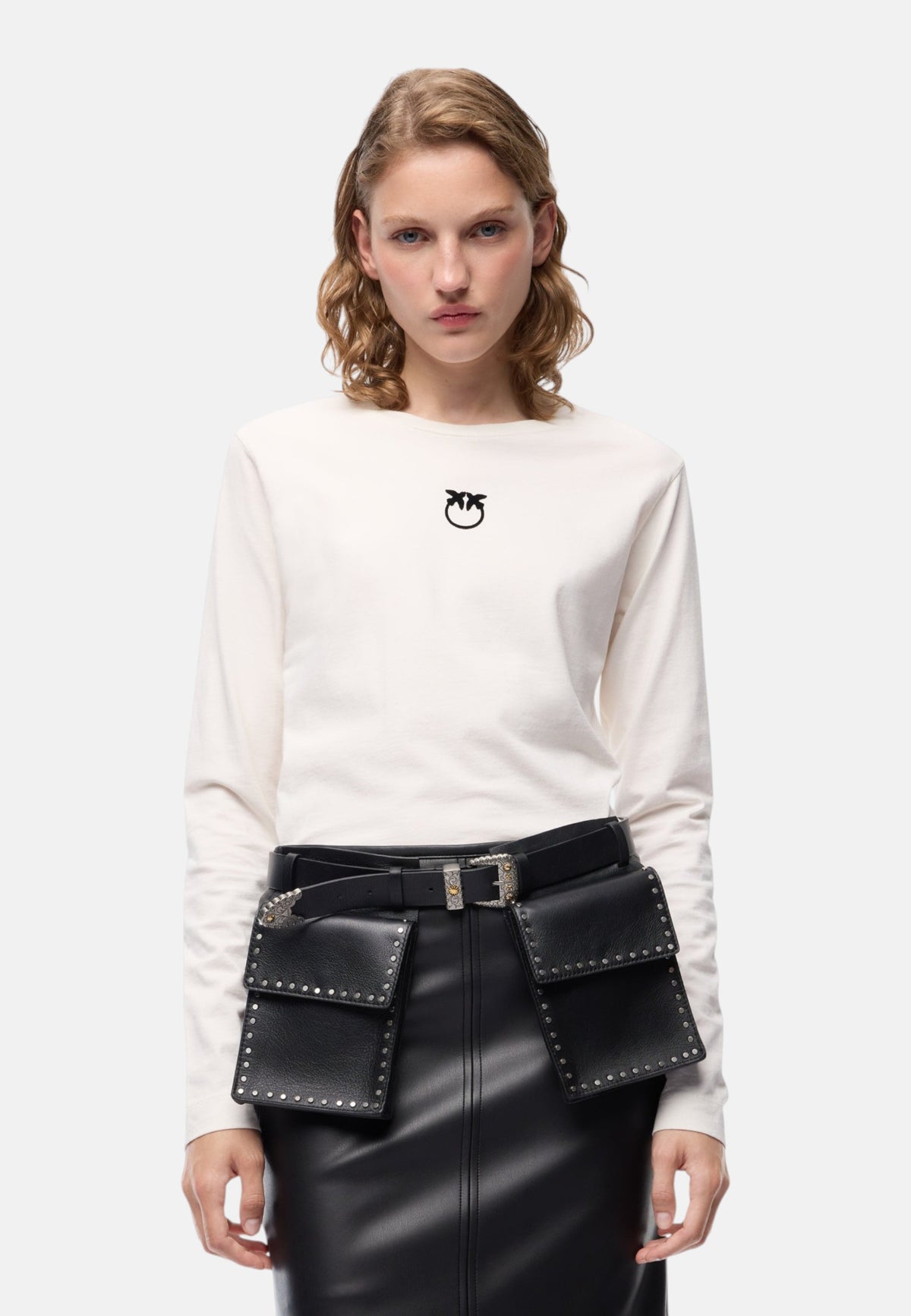T-Shirt Manica lunga Donna Pinko Girocollo, maniche lunghe, vestibilit� regular, jersey di puro cotone, logo Love Birds floccato dall�effetto vellutato sul petto Toblino 107292A3HP