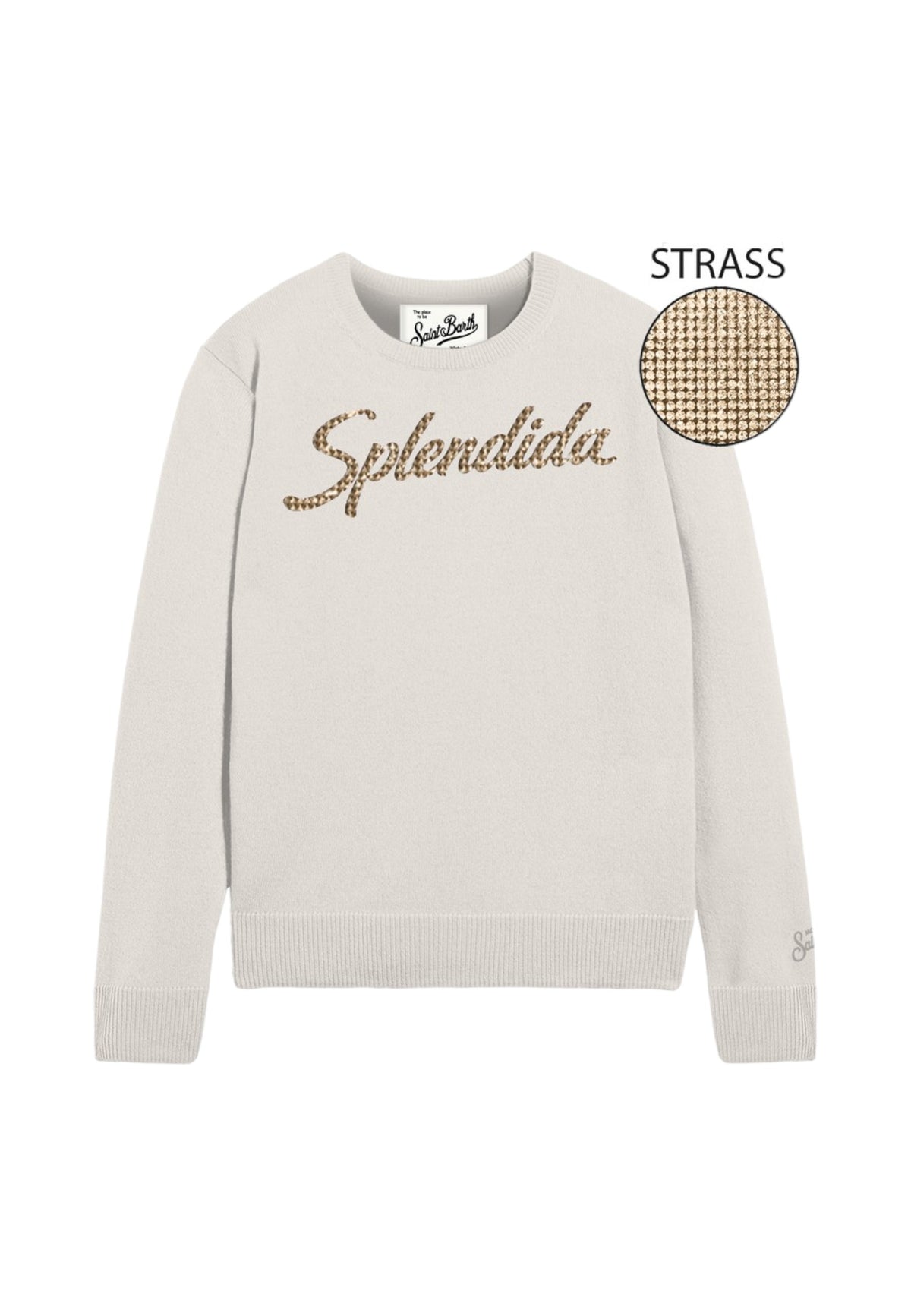 Maglione A Girocollo Donna Mc2 Saint Barth Maniche Lunghe, Polsi E Fondo A Coste, La Scritta Splendida In Strass New Queen QUE0010-SPLENDIDA