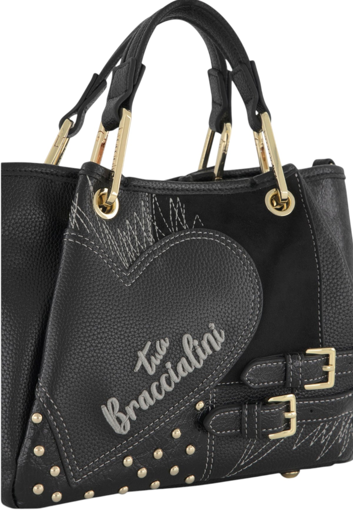 Borsa A Mano Donna Braccialini A Bauletto, Doppio con tracolla removibile e regolabile, Chiusura con zip, Patchwork con maxi cuore e micro borchie, Dimensioni: 25 x 10.5 x 18 Cm Amy Patchwork B19200YY