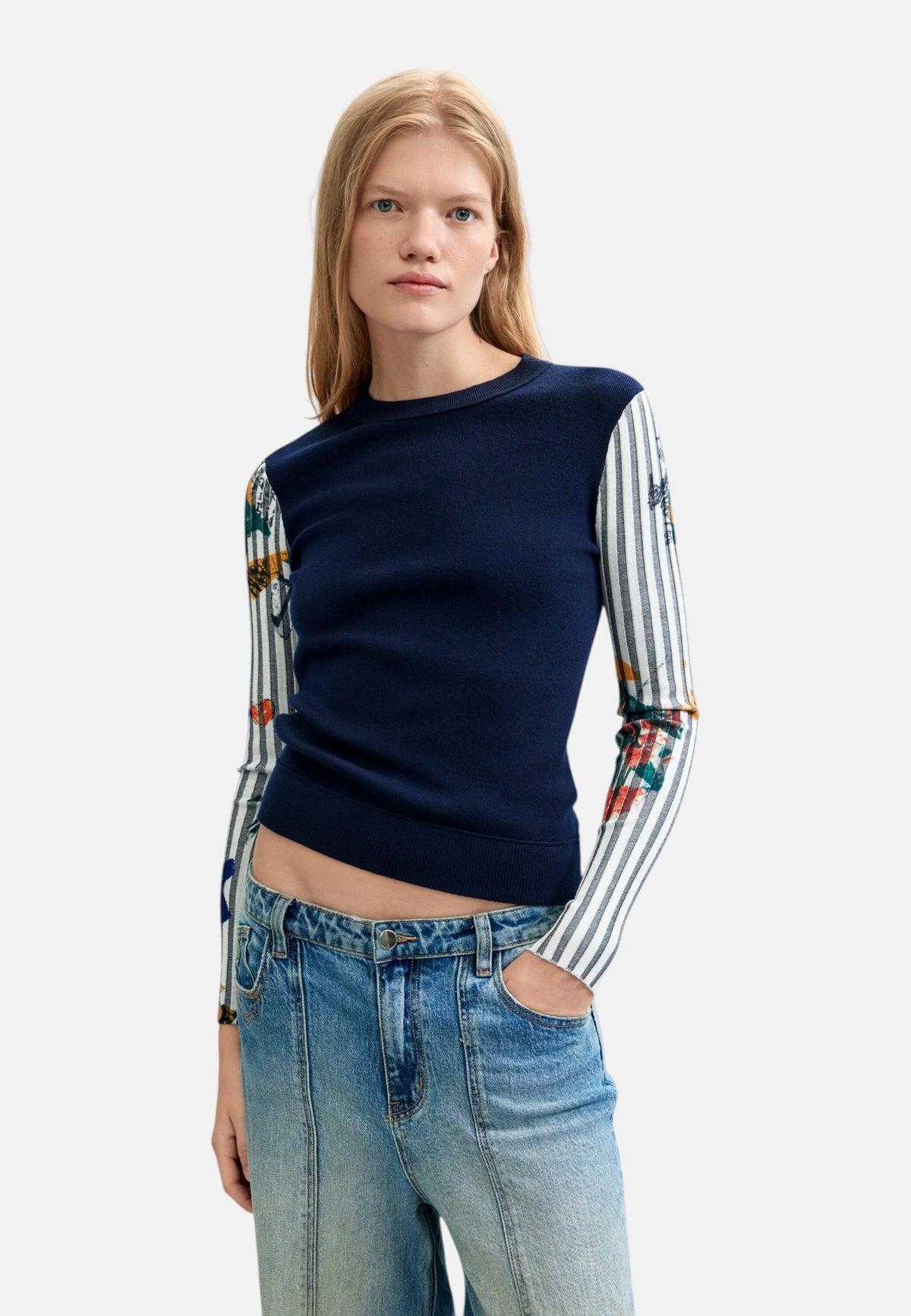 Maglione A Girocollo Donna Desigual Motivo floreale, Fit regular, Maglia fine, Poliestere riciclato Marino 26WWJF28