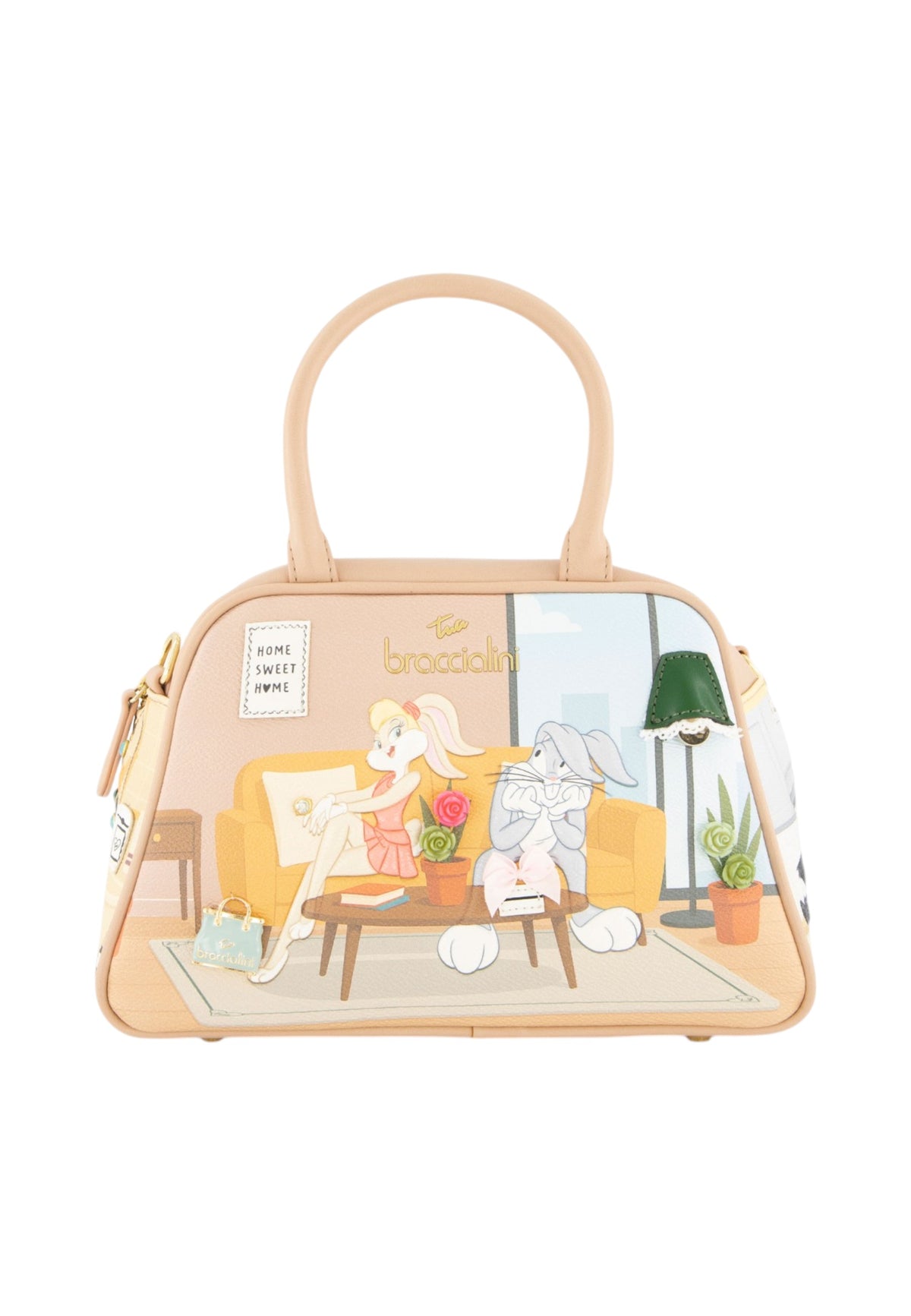 Borsa A Mano Donna Braccialini A Bauletto, Doppio con tracolla removibile e regolabile, Chiusura con zip, Due tasche interne, una con zip e una aperta, Stampa illustrata Looney Tunes, Dimensioni: 24 x 13 x 16 Cm Allround LT LT290YY