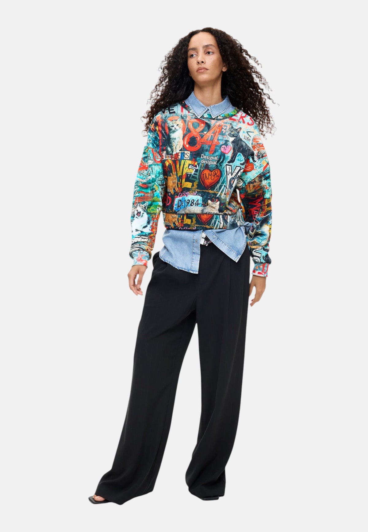 Felpa A Girocollo Donna Desigual Motivo grafico, Fit regular, Manica lunga Cats 26WWSK07