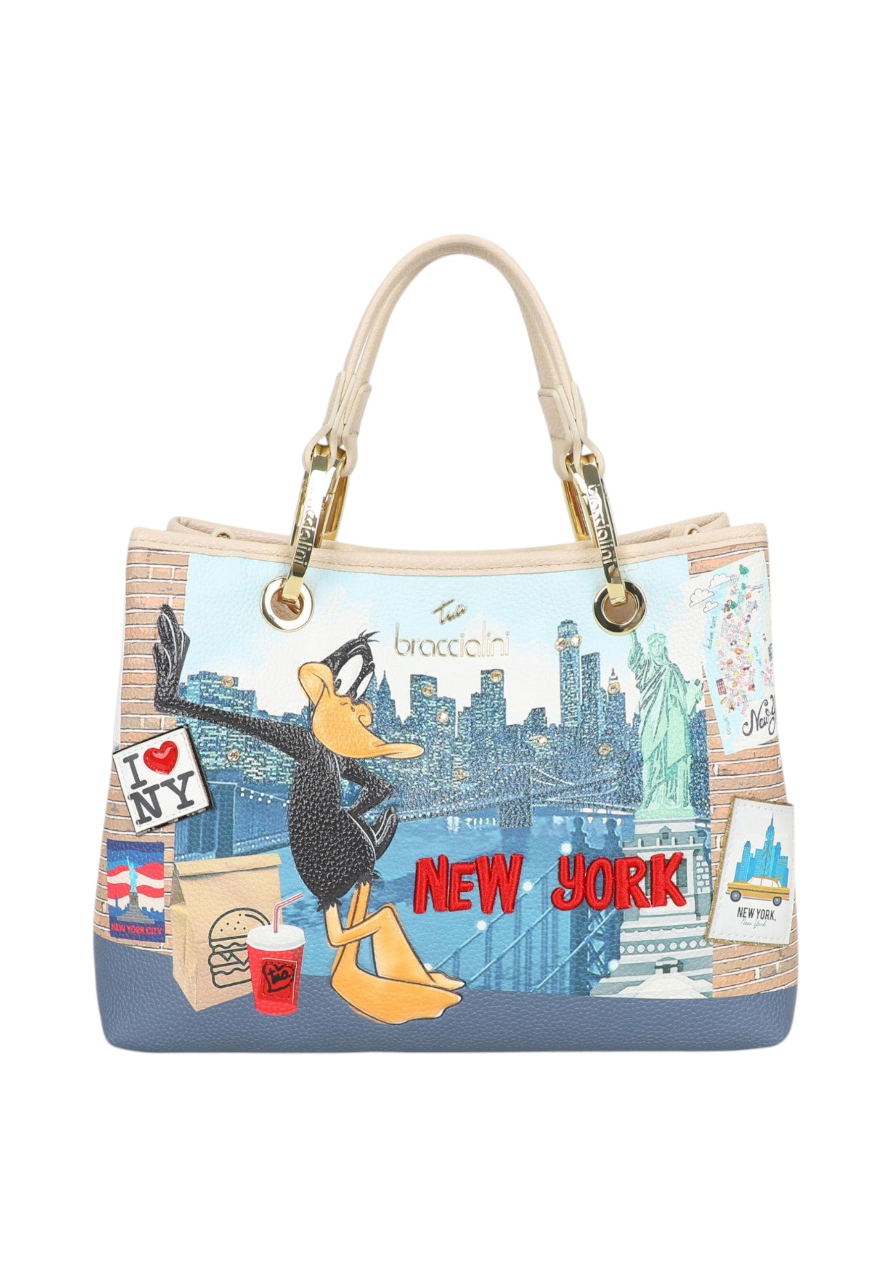 Borsa A Mano Donna Braccialini Stampa Duffy Duck New York Cartoline Lt LT251YY