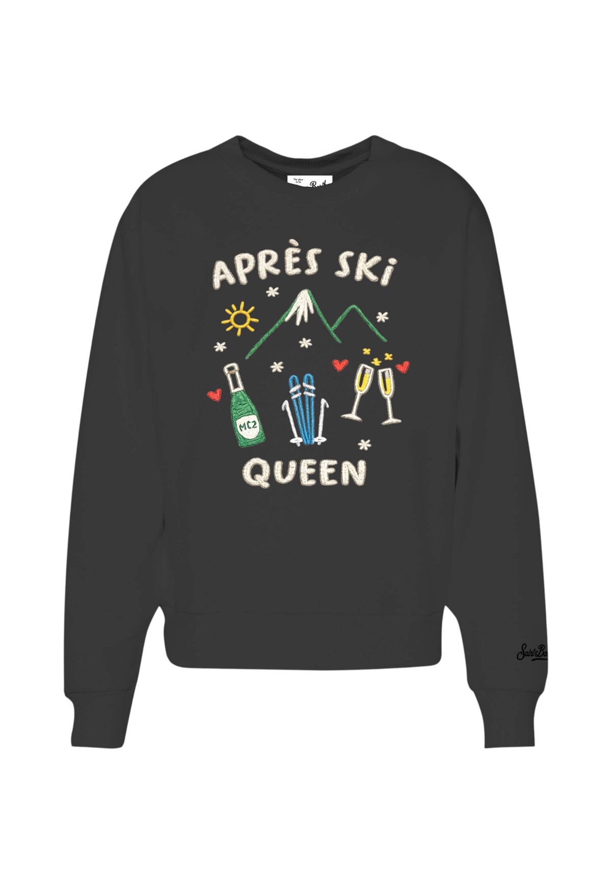 Felpa A Girocollo Donna Mc2 Saint Barth Maniche Lunghe, Polsi E Fondo A Coste, La Scritta Apr�s Ski Queen Con Bicchieri E Paesaggio Montano Stardust W STDW001-APRES-SKI-QUEEN-DRAW
