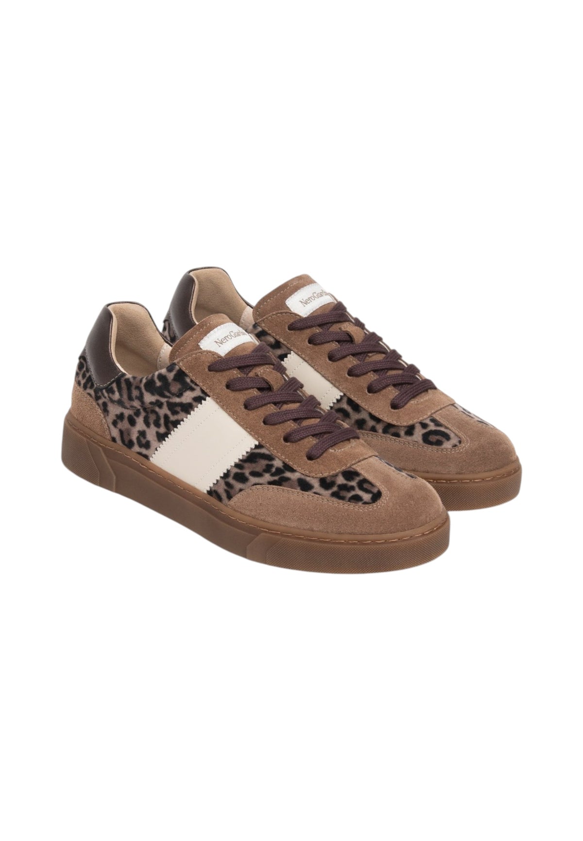 Sneakers Basse Donna Nero Giardini Tomaia in pelle, pelle scamosciata e tessuto, inserti animalier, chiusura con lacci, suola color gomma, Made in Italy  I617426D