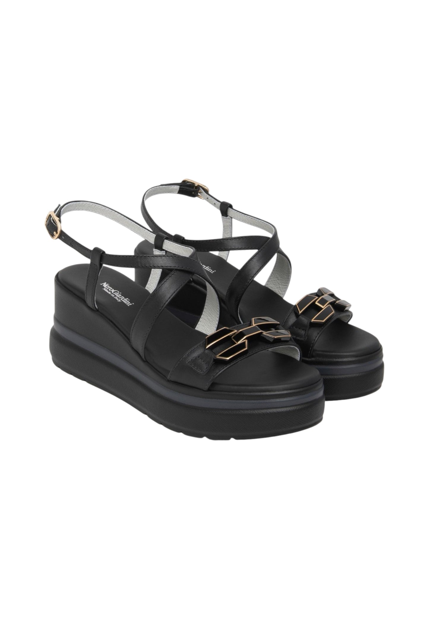 Sandali Con Zeppa Donna Nero Giardini In Pelle Con Fasce Incrociate E Catena Decorativa  E615953D