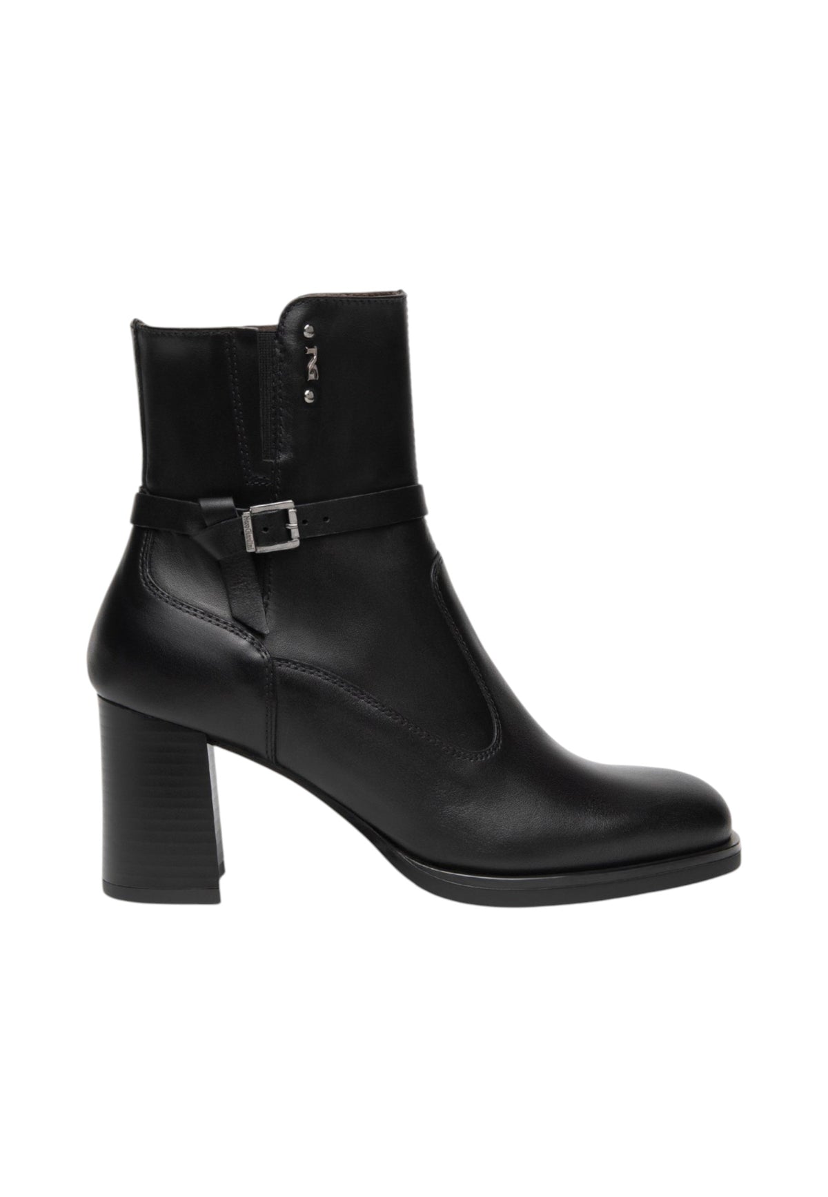 Stivaletti Con Tacco Donna Nero Giardini Tomaia in pelle, cinturino decorativo con fibbia, chiusura laterale con zip, punta tonda, tacco largo, Made in Italy  I617240D