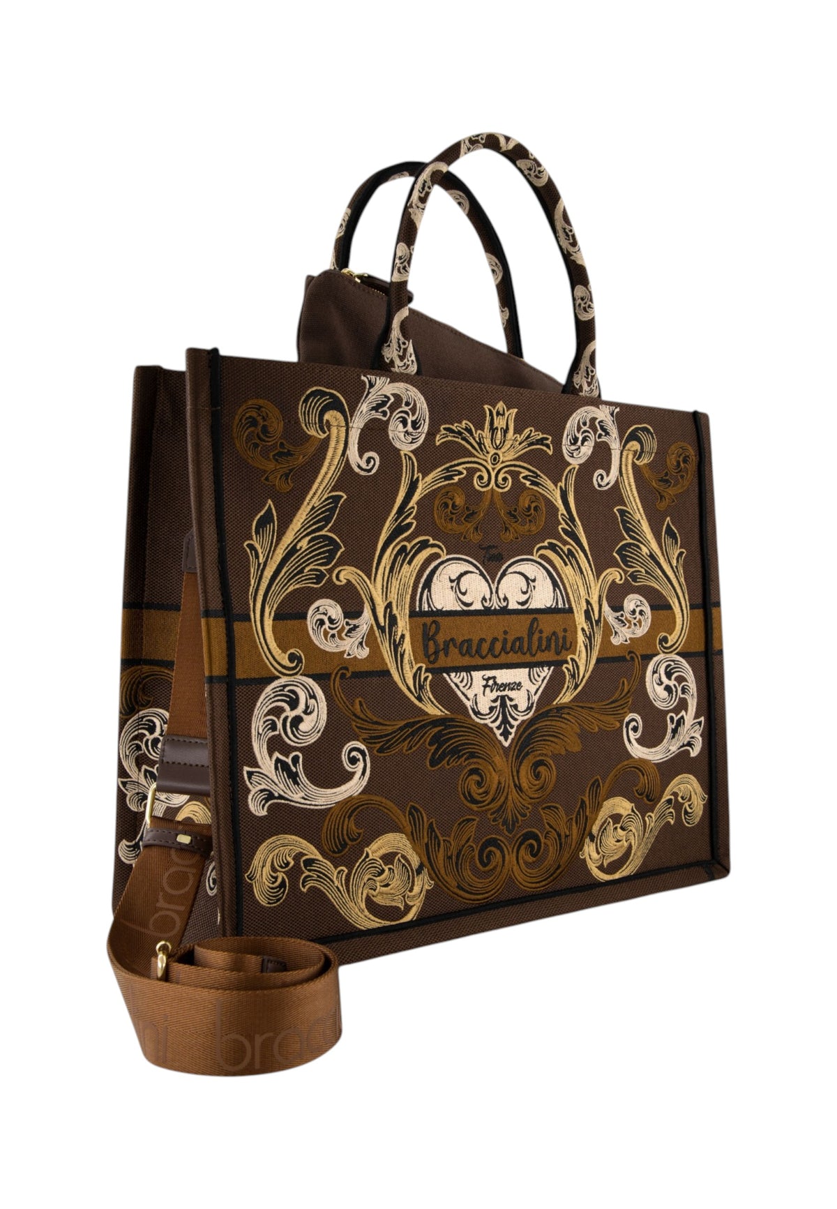Borsa A Mano Donna Braccialini Tote, Doppio con tracolla removibile e regolabile, Con pochette interna removibile, Stampa ramage con motivo ornamentale, Dimensioni: 41.5 x 18 x 34 Cm Queen B19280TY