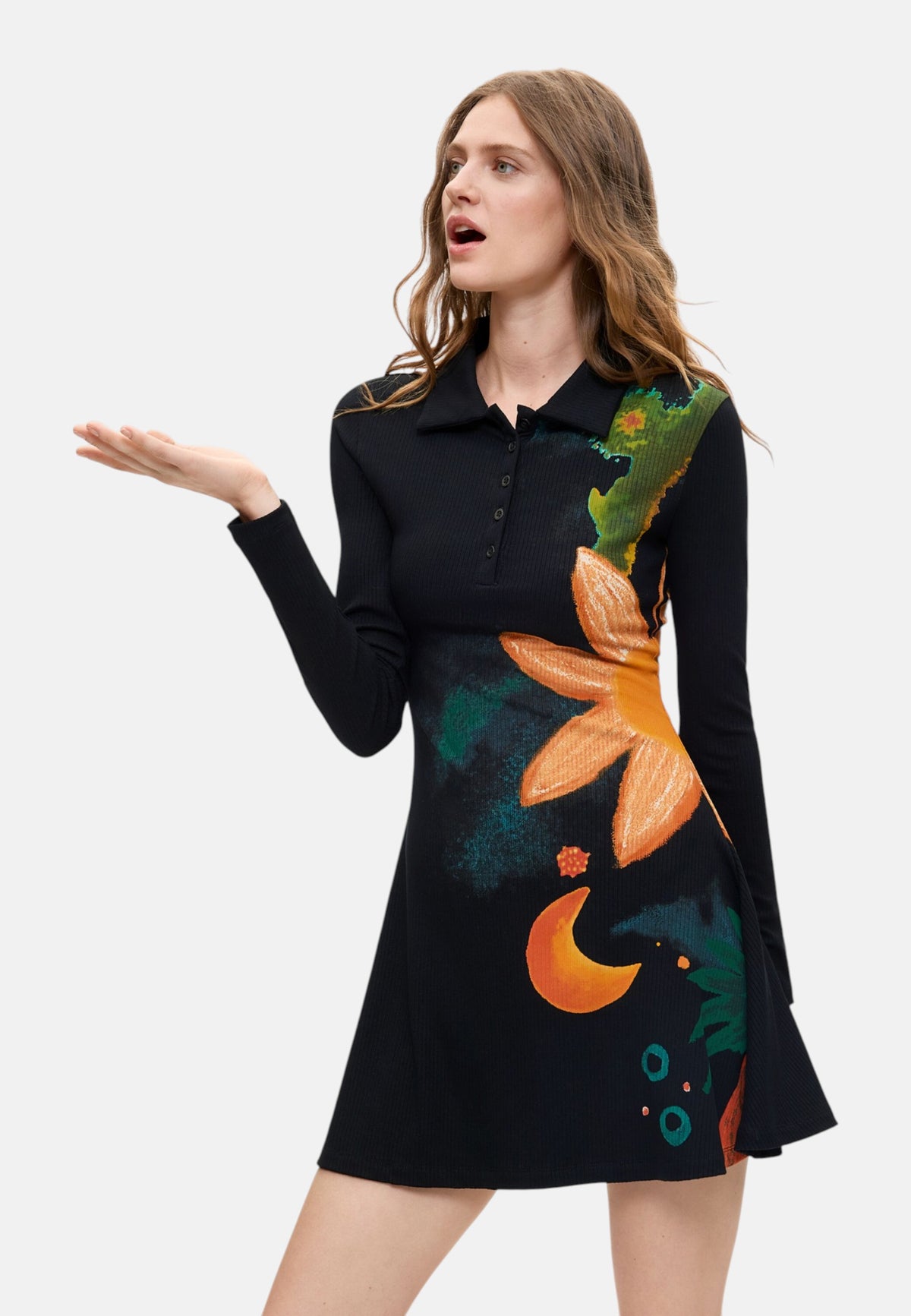 Vestito Corto Donna Desigual Grande, Motivo floreale, Fit regular, Manica lunga, Collo a camicia Edimburgo 26WWVK30