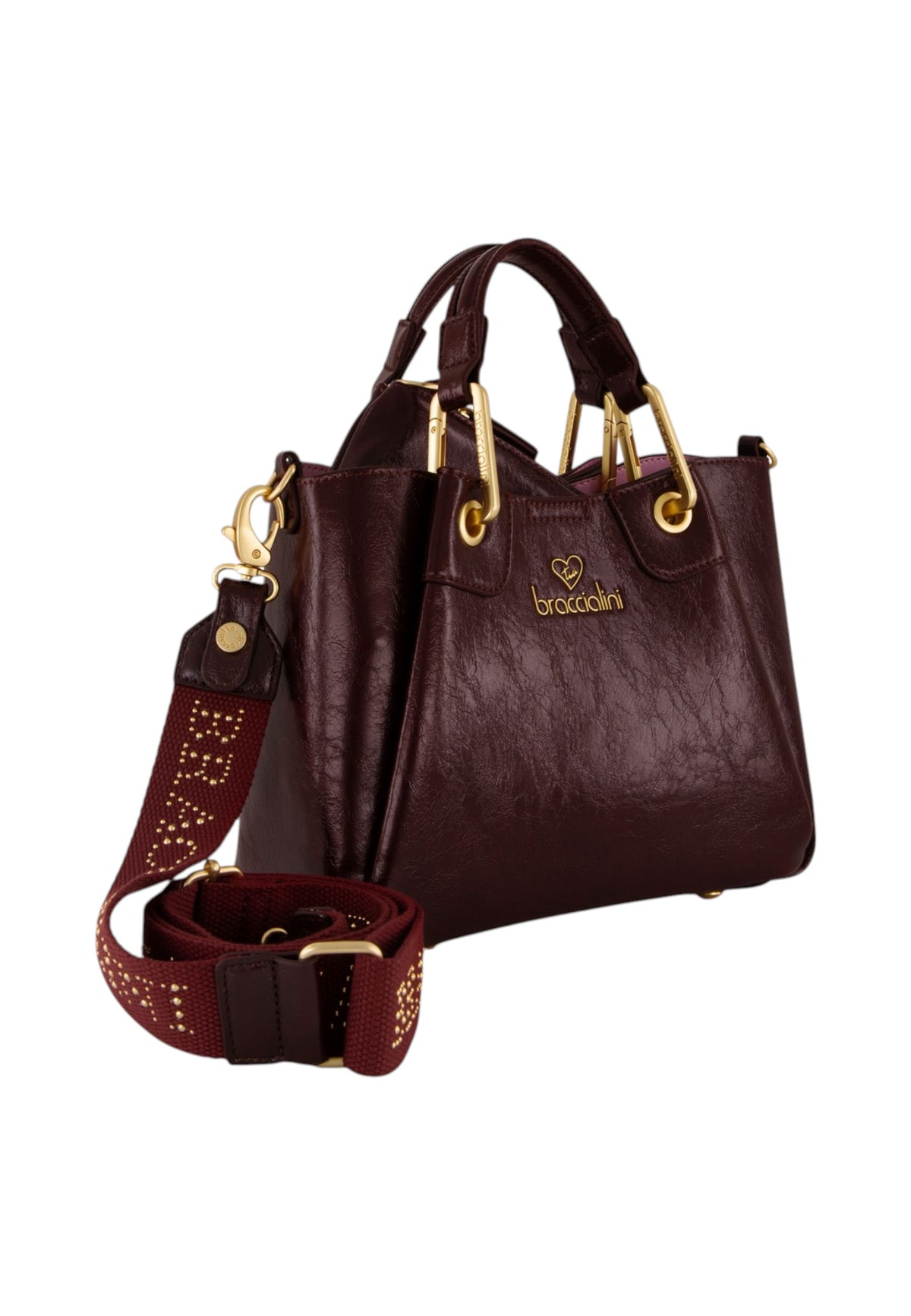 Borsa A Mano Donna Braccialini A Bauletto, Doppio con tracolla removibile e regolabile, Chiusura con clip, Con pochette interna removibile, Finitura lucida effetto spiegazzato, Dimensioni: 25 x 10.5 x 18 Cm Amy B19190YY