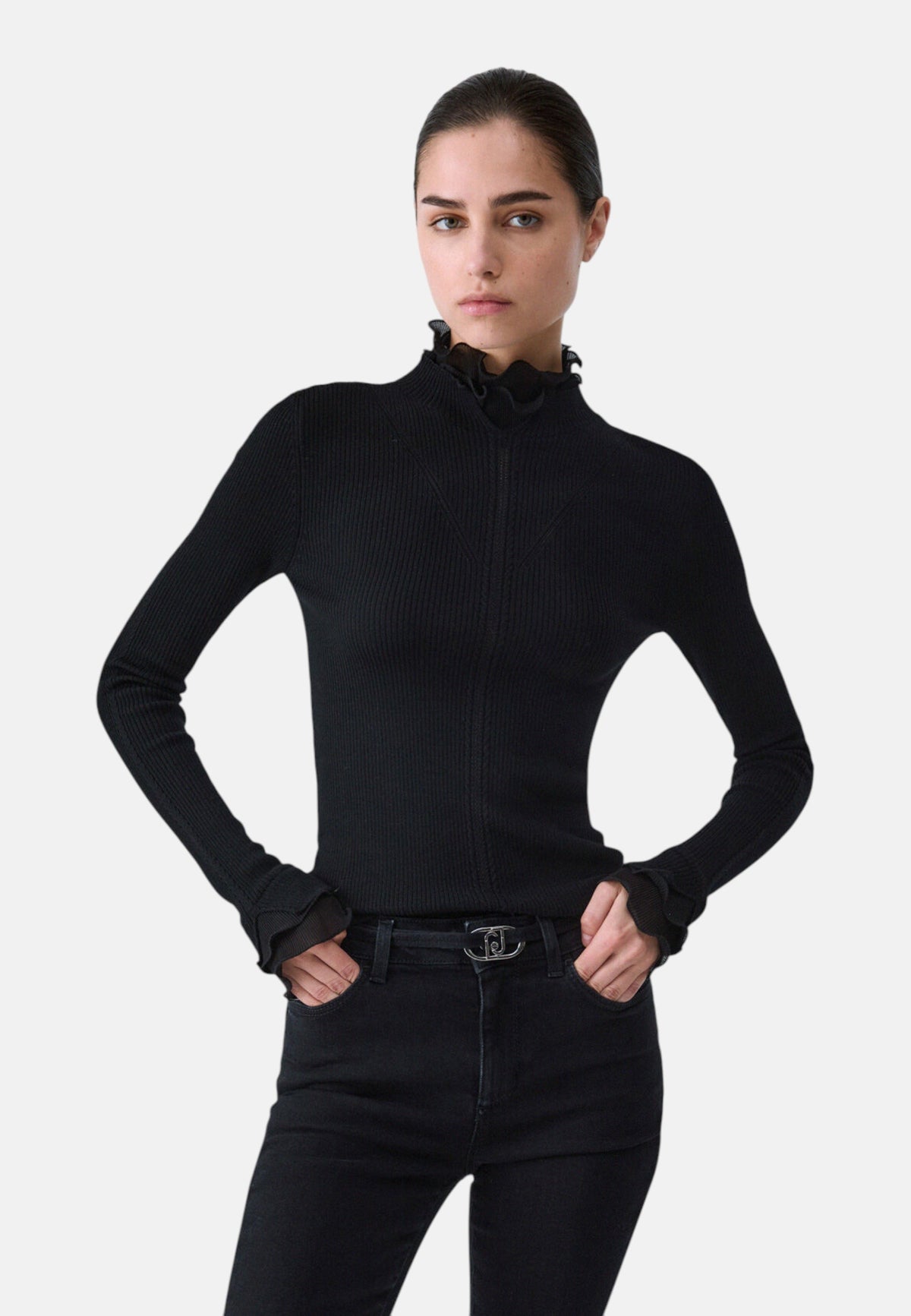 Maglia Collo Alto Donna Liu Jo A Costine Con Volant Sulle Maniche  CF6043MA82O