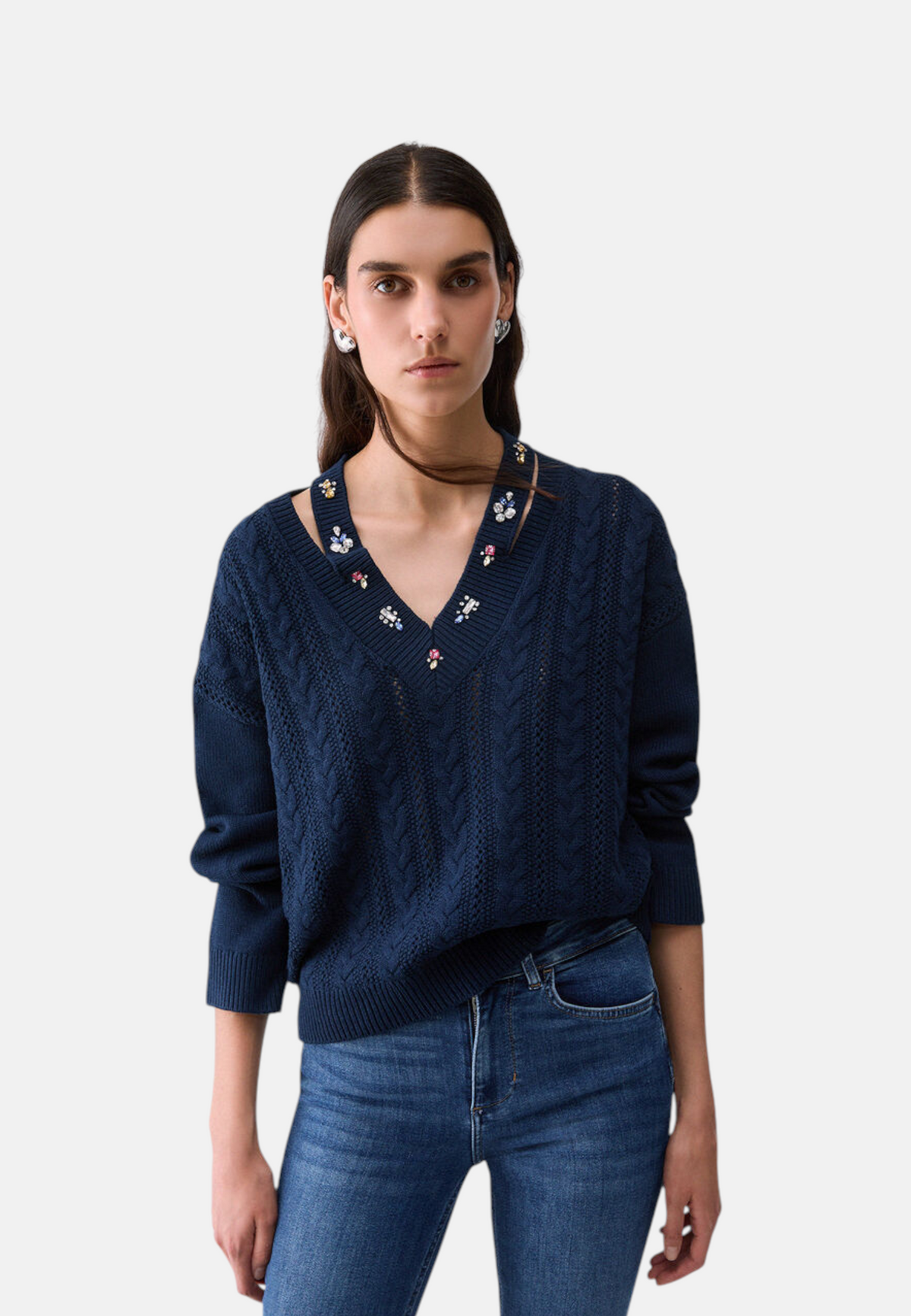Maglione Scollo A V Donna Liu Jo A Trecce Con Applicazioni Gioiello  WF6111MS051