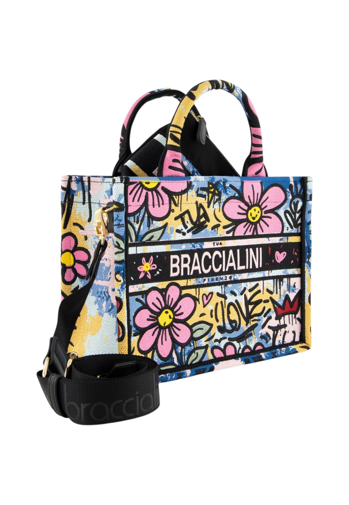Borsa A Mano Donna Braccialini A Bauletto, Doppio con tracolla removibile e regolabile, Con pochette interna removibile, Stampa graffiti ispirata alla street art, Dimensioni: 26.5 x 13 x 21 Cm Queen B19281TY