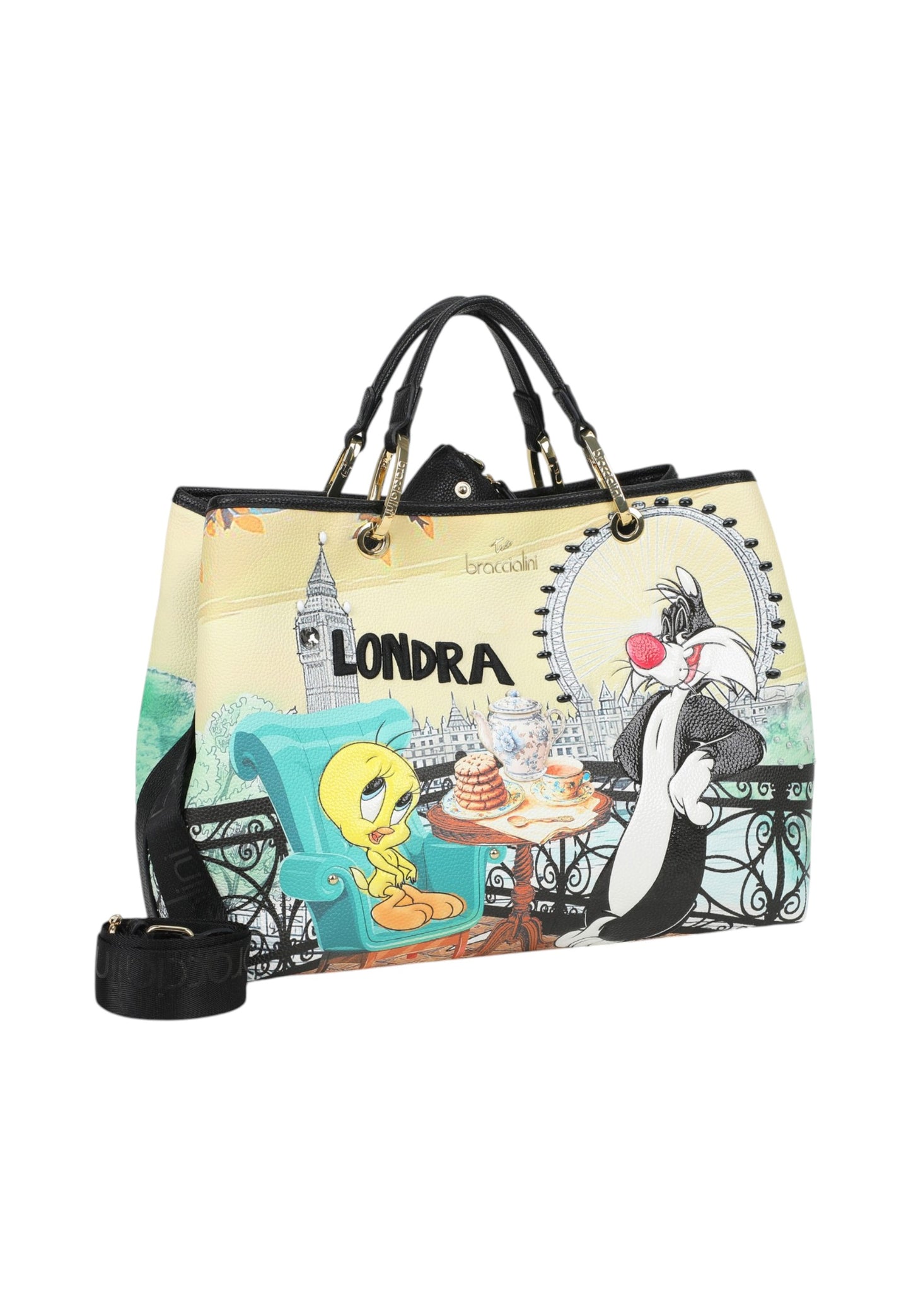 Borsa A Mano Donna Braccialini Stampa Titti e Gatto Silvestro Londra Cartoline Lt LT252YY