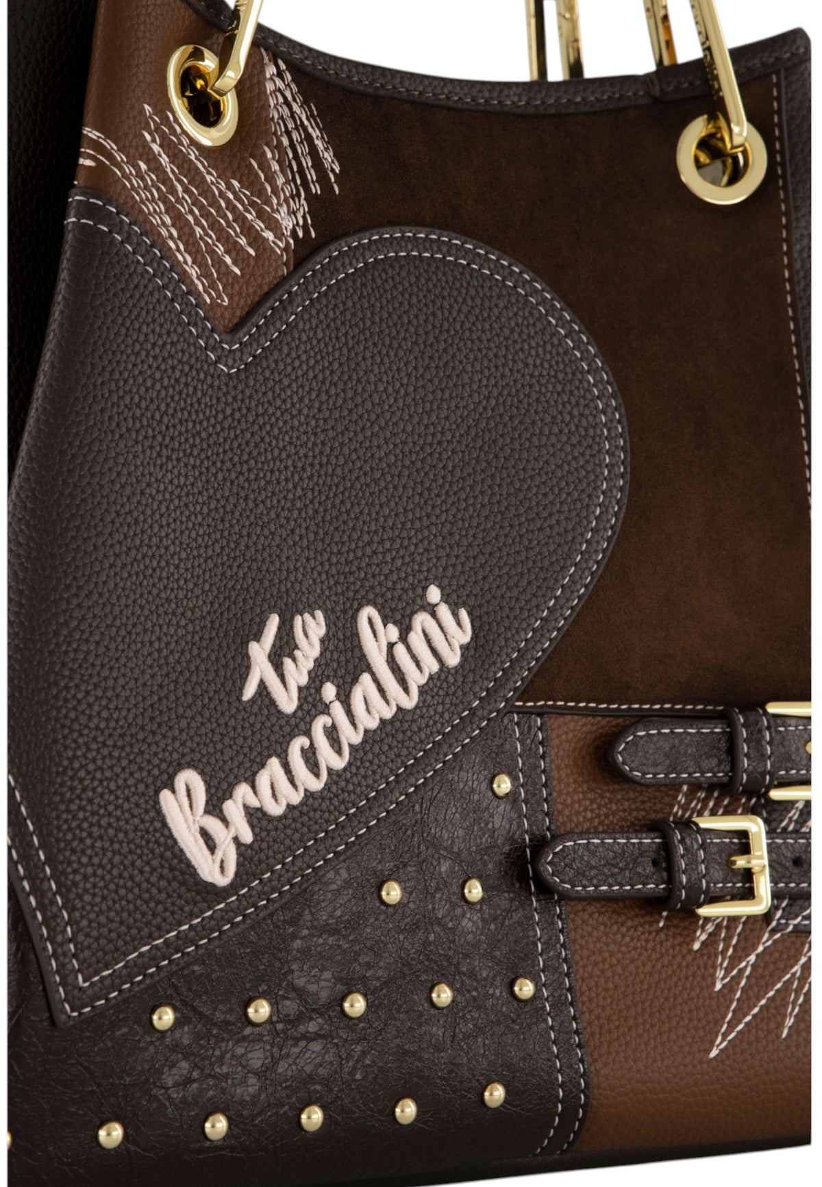 Borsa A Mano Donna Braccialini A Bauletto, Doppio con tracolla removibile e regolabile, Chiusura con clip, Con pochette interna removibile, Patchwork con maxi cuore e micro borchie, Dimensioni: 36 x 17 x 29 Cm Amy Patchwork B19202YY