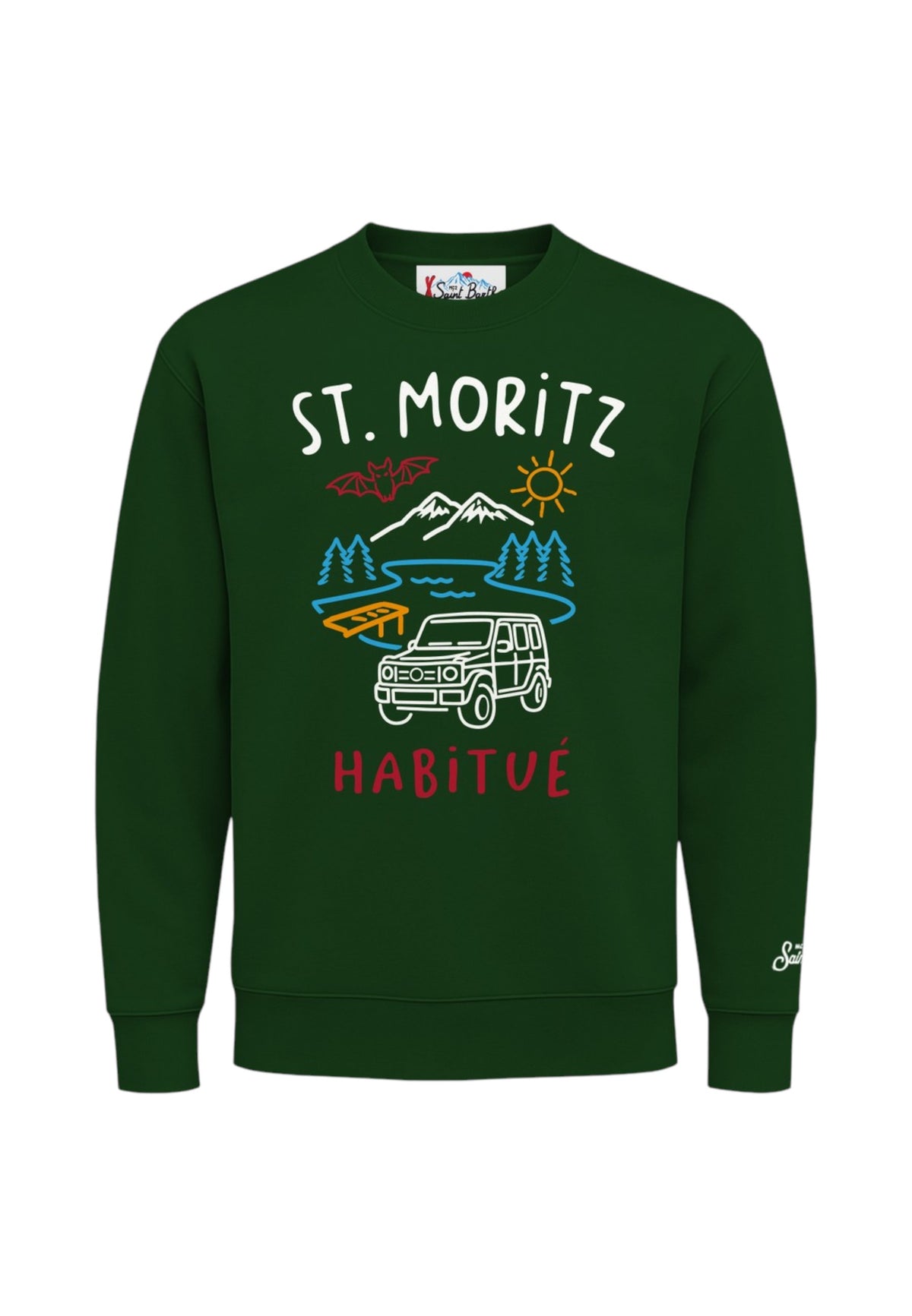 Felpa A Girocollo Uomo Mc2 Saint Barth Maniche Lunghe, Polsi E Fondo A Coste, La Scritta St. Moritz, Montagne E Un Fuoristrada Soho N SOH0004-ST-MORITZ-DRAW