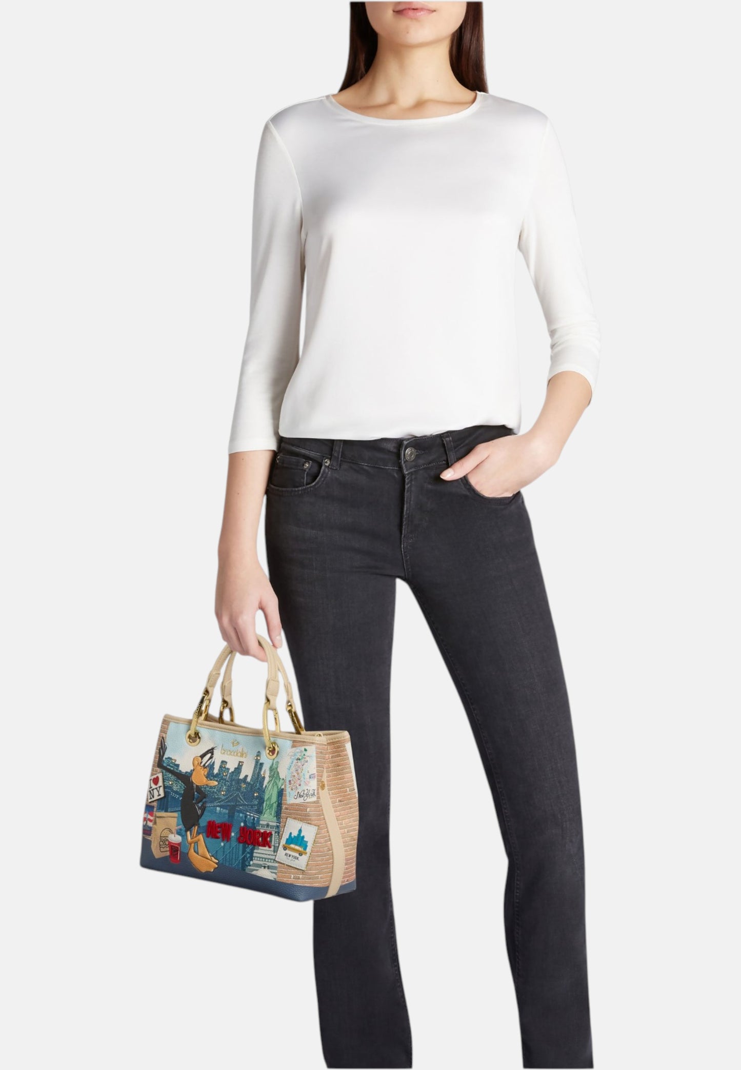 Borsa A Mano Donna Braccialini Stampa Duffy Duck New York Cartoline Lt LT251YY