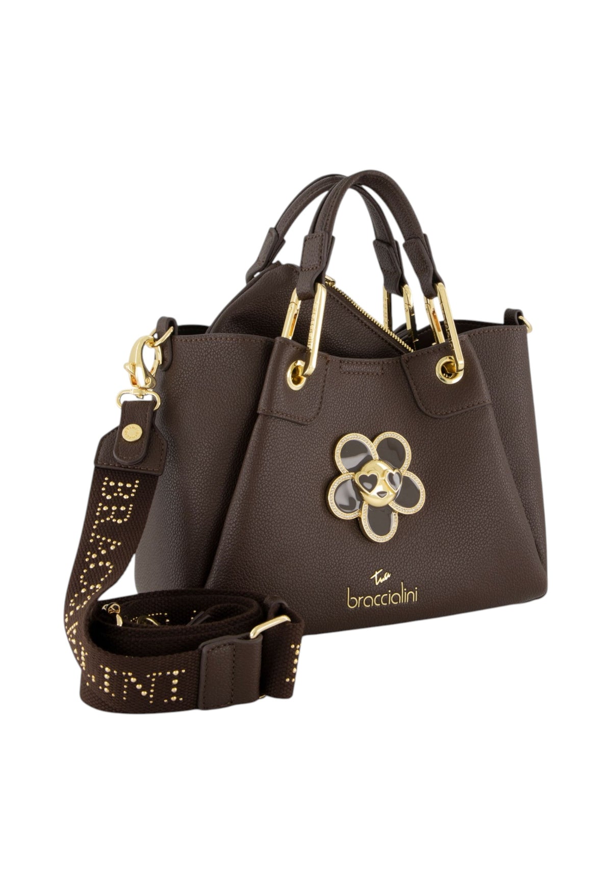 Borsa A Mano Donna Braccialini A Bauletto, Doppio con tracolla removibile e regolabile, Chiusura con clip, Con pochette interna removibile, Charm gioiello a forma di margherita, Dimensioni: 25 x 10.5 x 18 Cm Amy Bijoux B19210YY